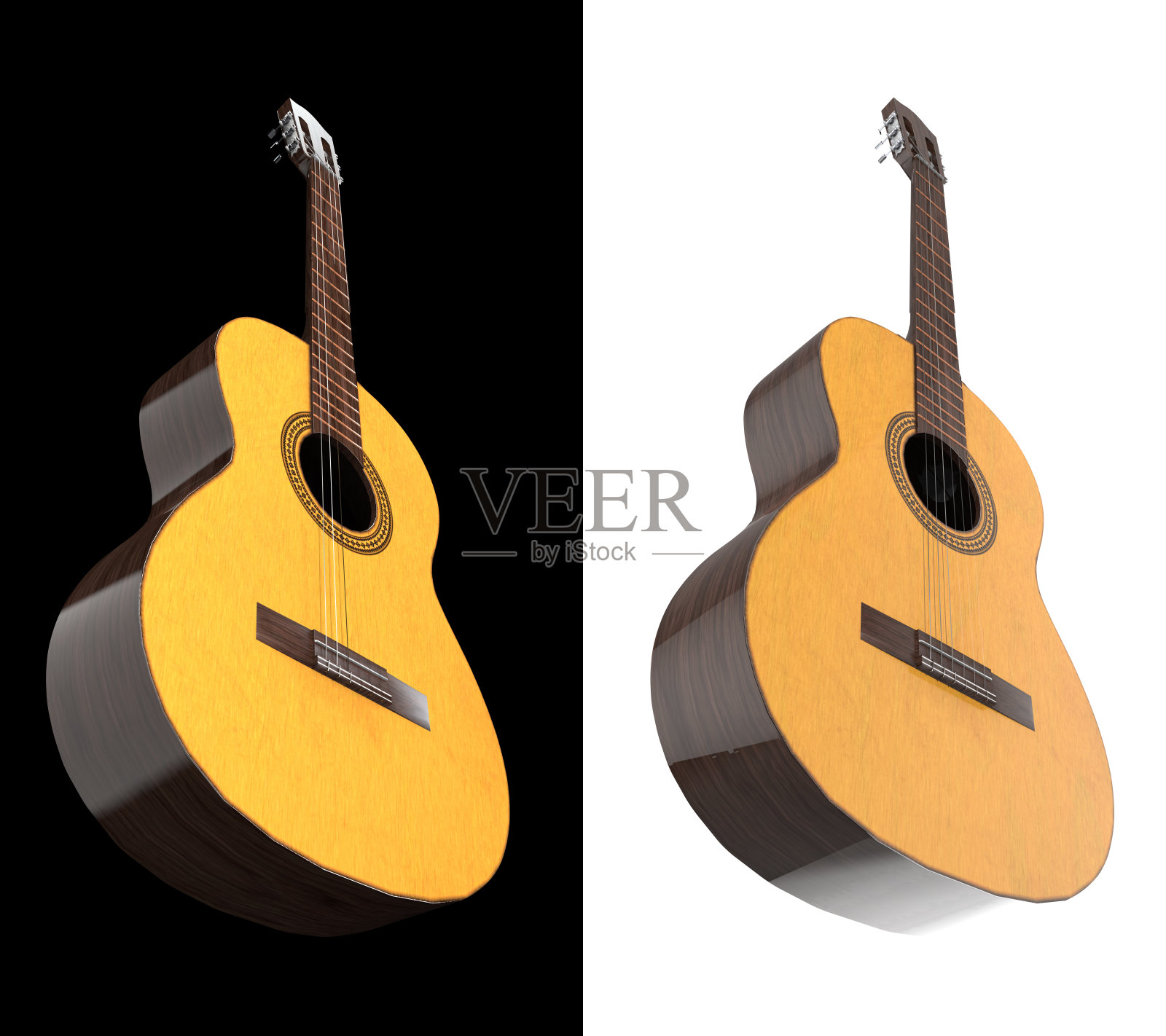 低角度底部视图的经典吉他上的黑白背景3d渲染照片摄影图片