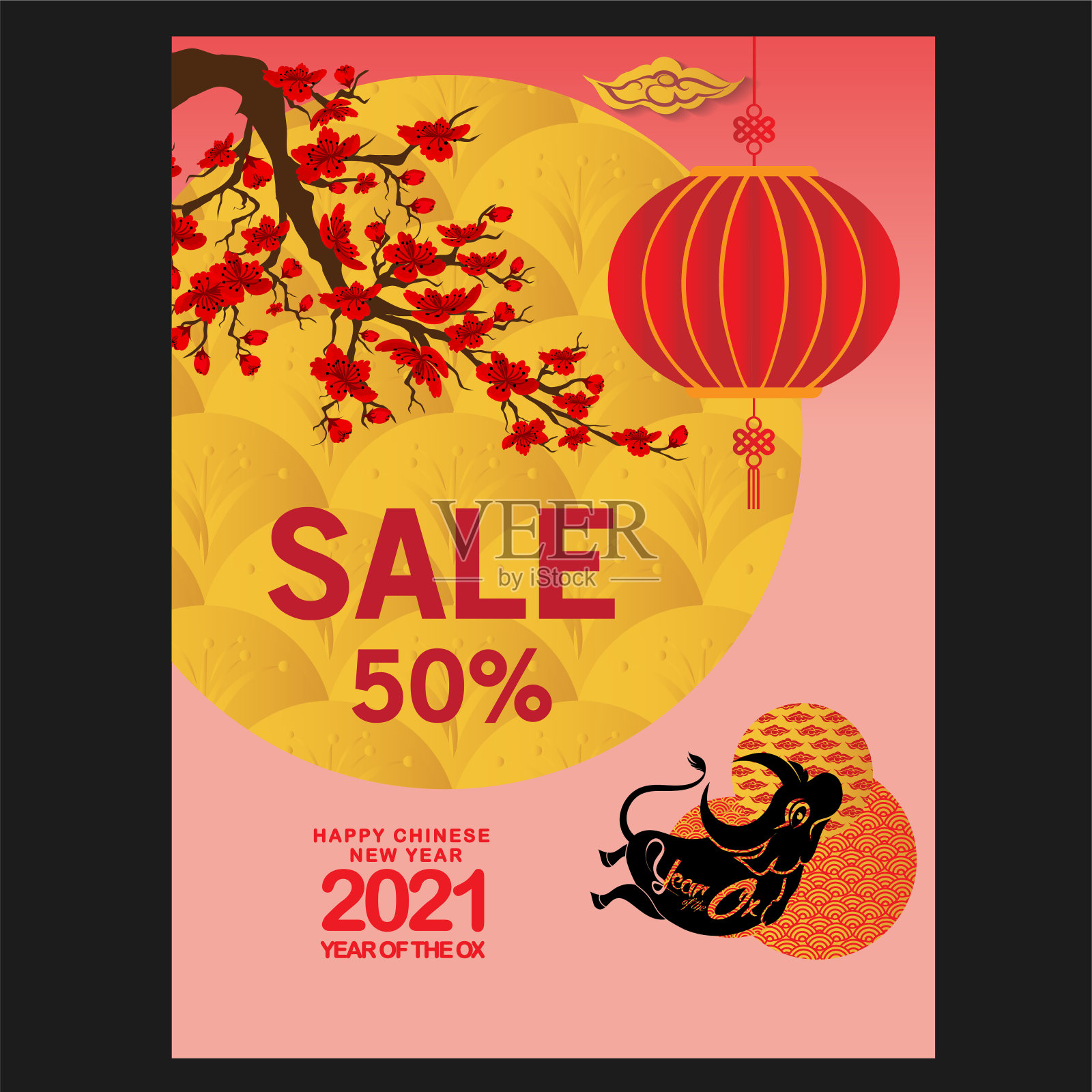 祝你2021年牛年快乐。模板横幅,海报在东方风格设计模板素材