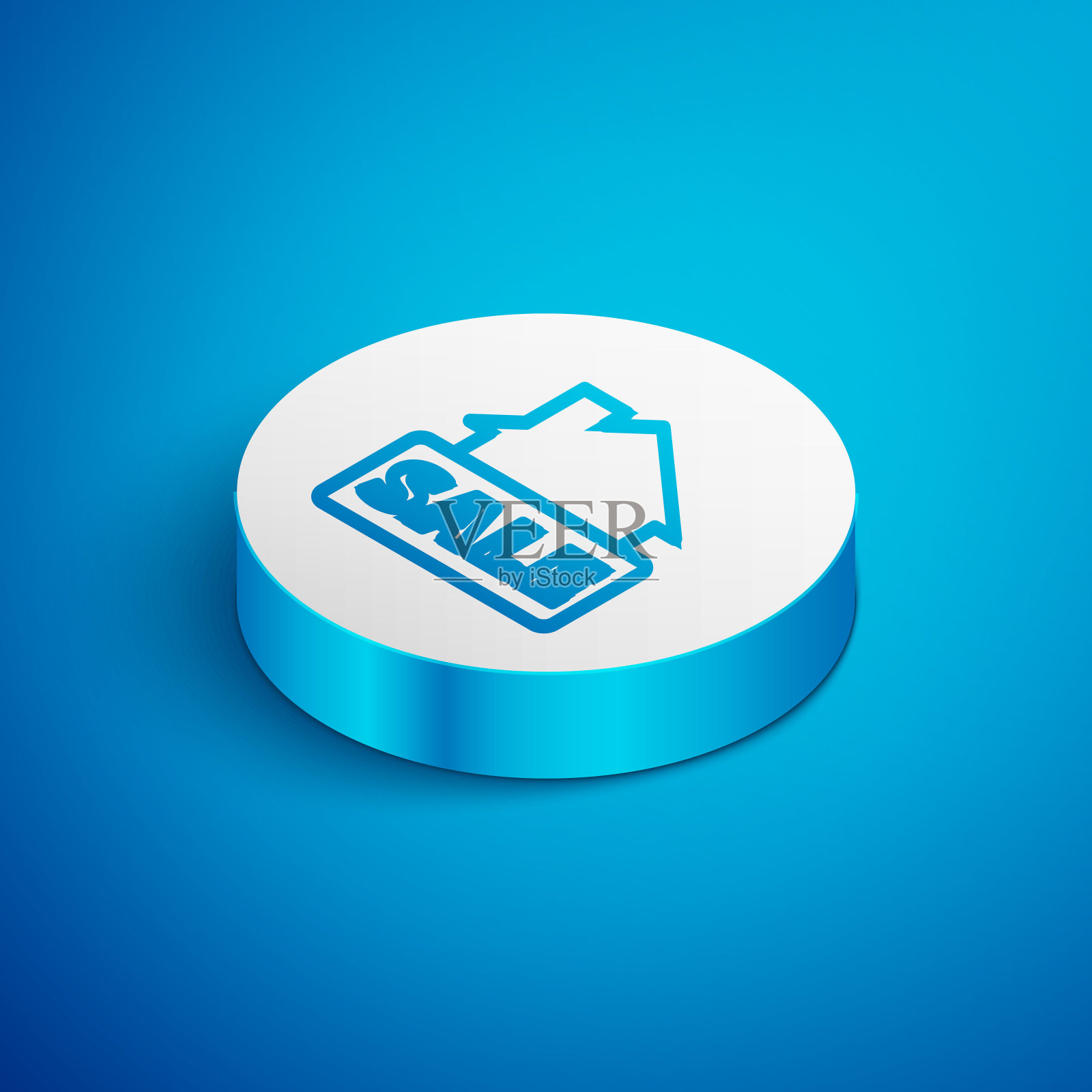 等距线悬挂标志与文字销售图标孤立在蓝色背景。招牌上有文字销售。白色的圆按钮。向量插画图片素材