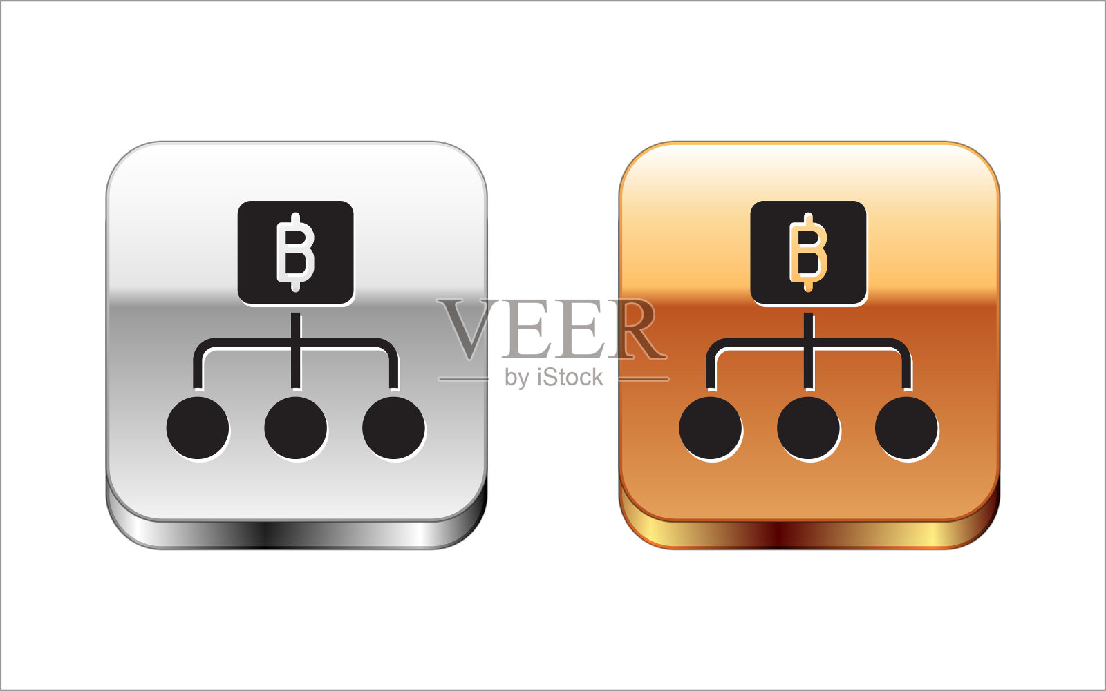 黑色区块链技术比特币图标孤立在白色背景。抽象几何区块链网络技术业务。金银平方按钮。向量图标素材