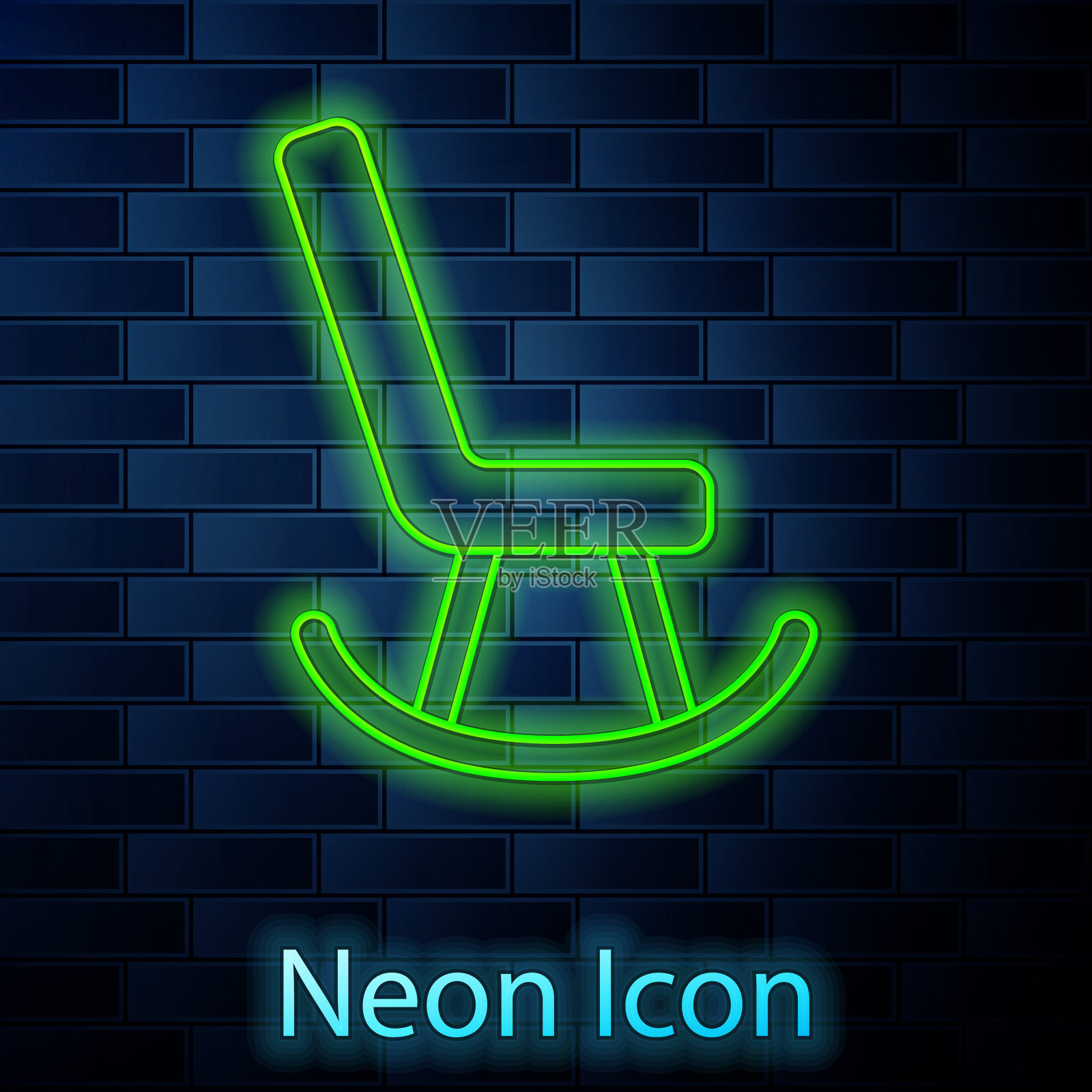 发光的霓虹灯线扶手椅图标隔离在砖墙背景。向量插画图片素材