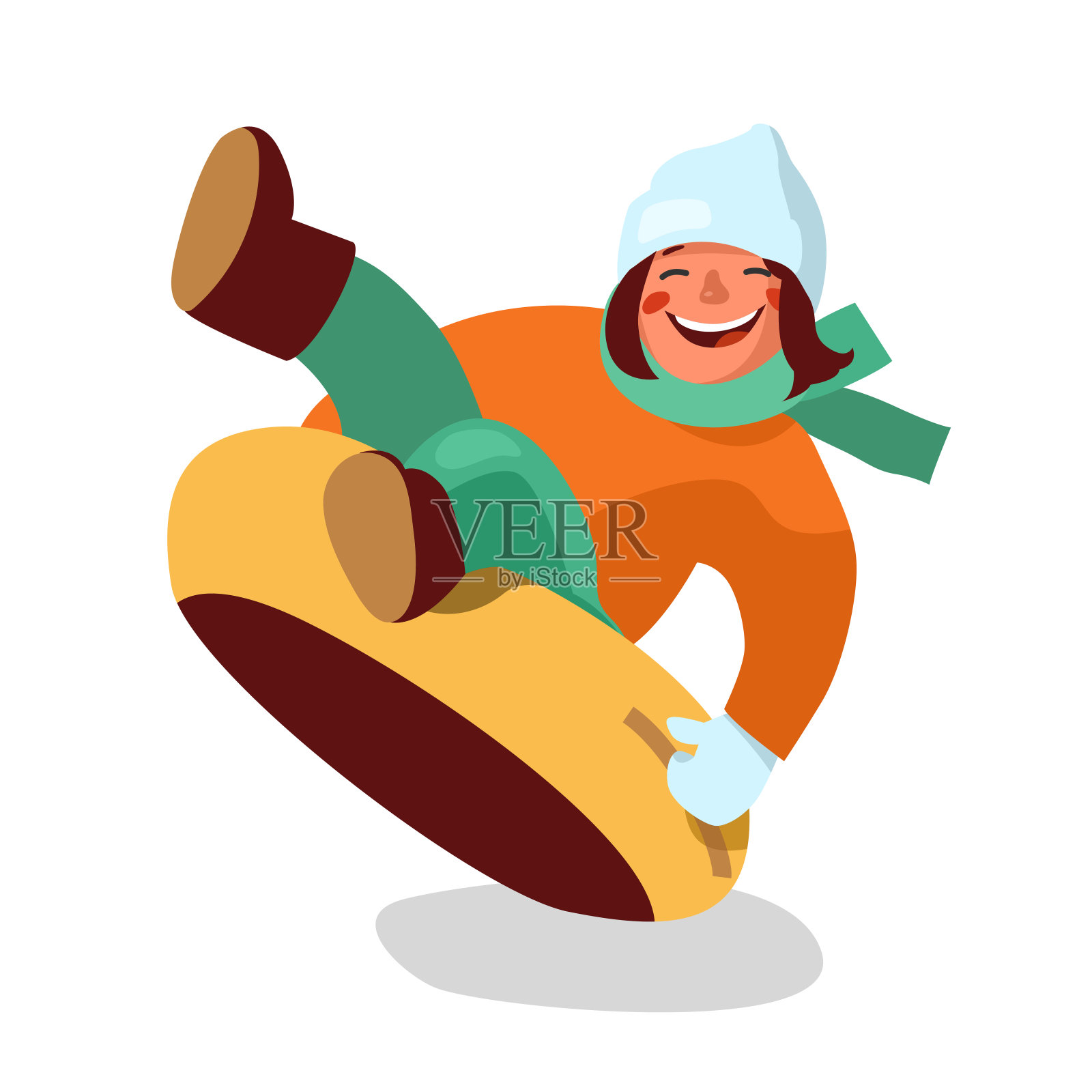 女孩在充气雪道上滑雪插画图片素材