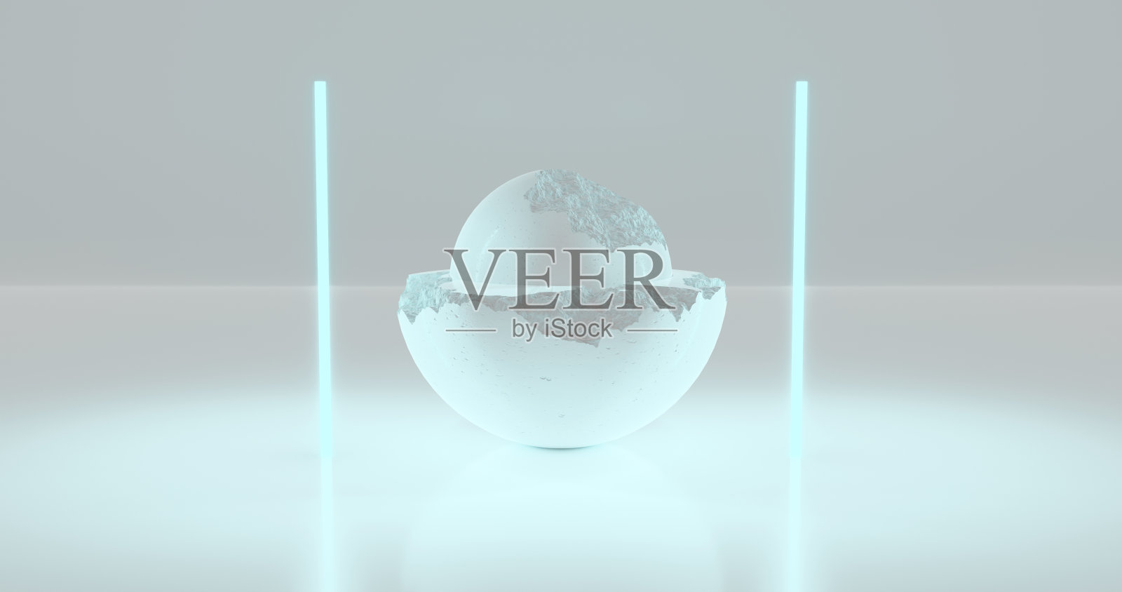 3 d渲染。霓虹淡蓝色灯光下白色碎裂边缘的石墙,毛石石板作为产品展示背景。照片摄影图片