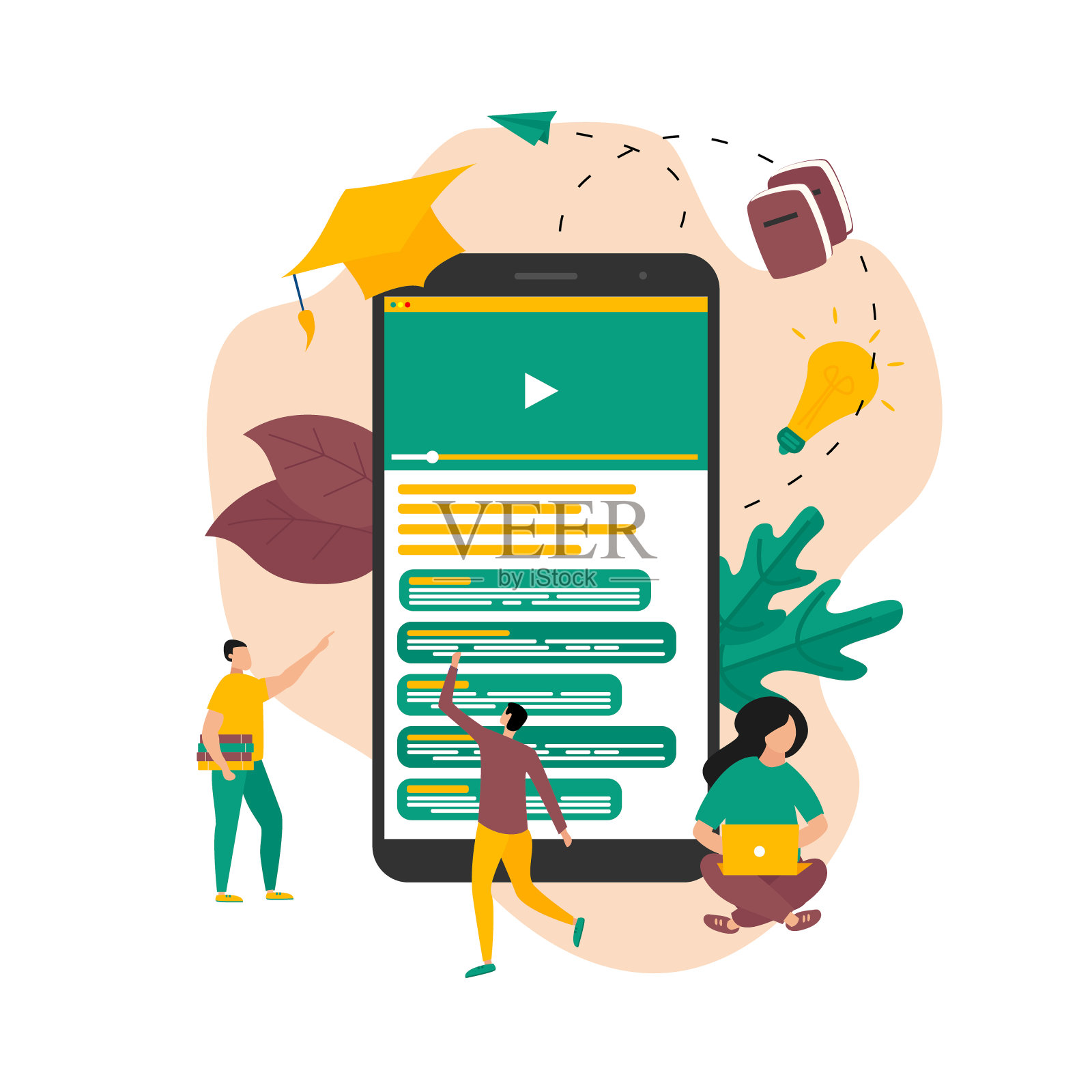 学生在家用智能手机在线上课。在线教育理念插画图片素材