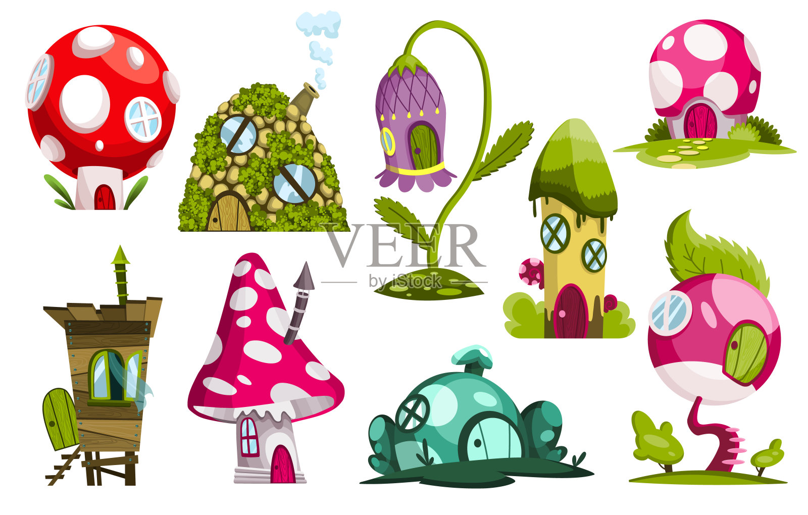 童话般的房子。收集糖果、花朵或蘑菇形状的卡通屋。童话人物住房的彩色插图。白色背景上的矢量插画图片素材