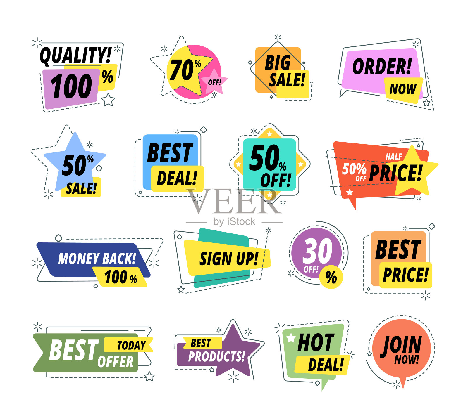 出售质量徽章。保证标签徽章。促销贴纸独家优质价格交付按钮。卖家提供大销售向量集设计元素图片