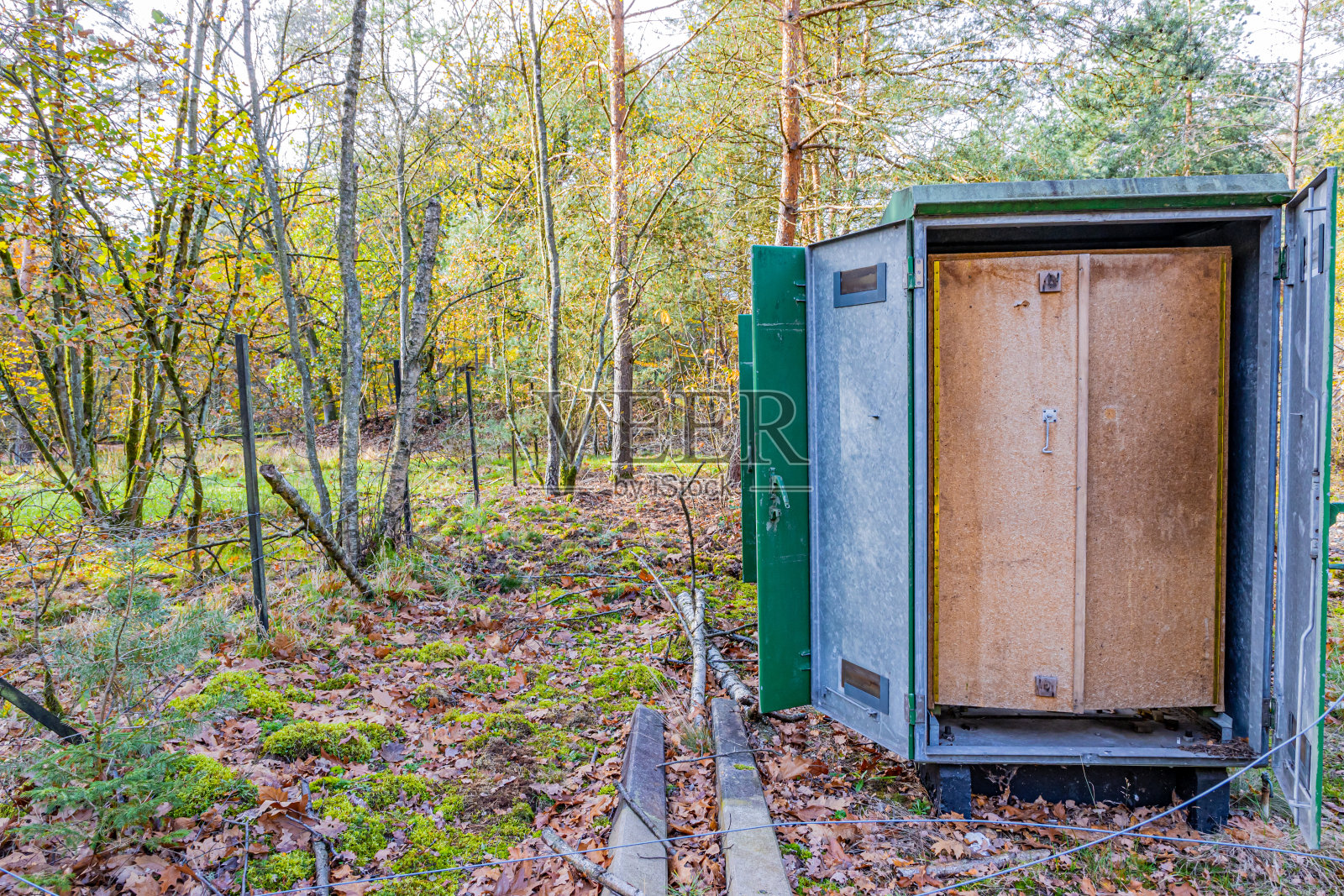旧莱茵河铁路(IJzeren Rijn)的废弃控制继电器箱,周围是秋日黄绿色树叶的树木照片摄影图片