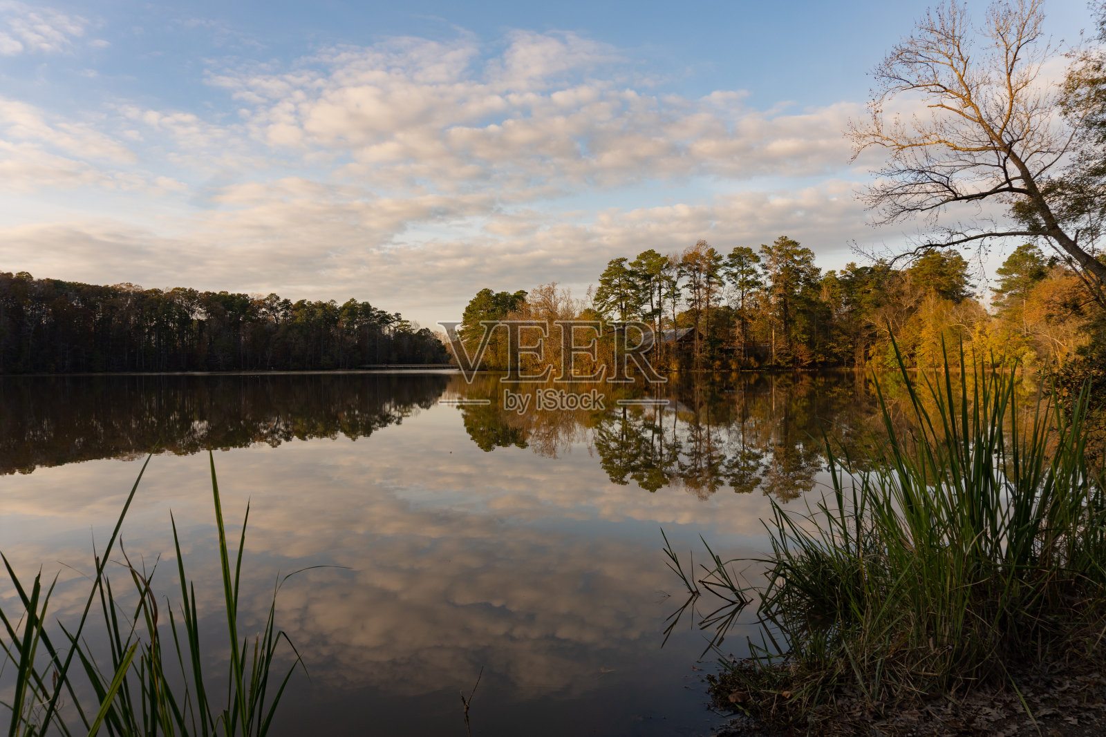 在北卡罗来纳州历史悠久的耶茨米尔国家公园,秋天的太阳在云朵和树木的倒影下落下;和平仍照片摄影图片
