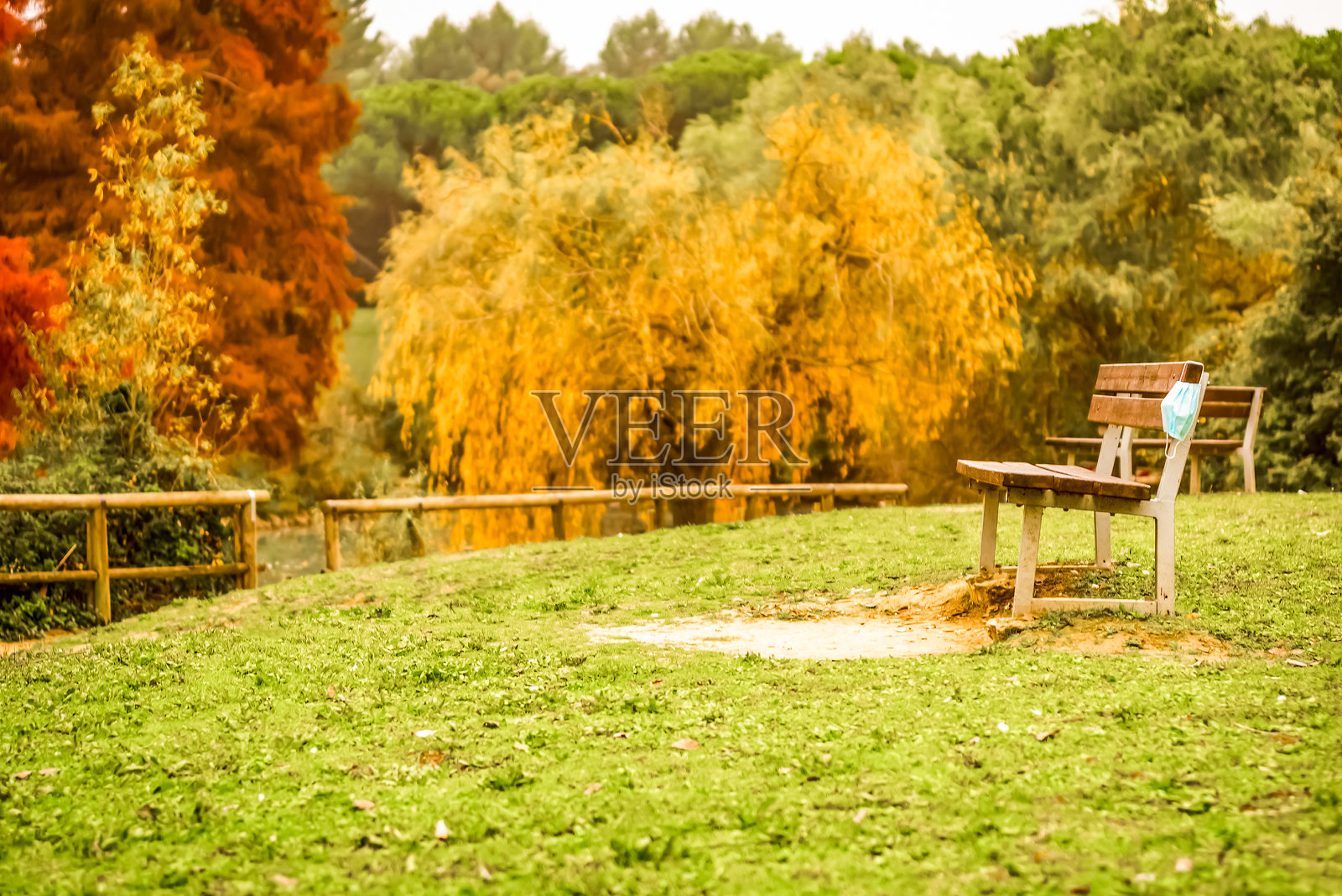 在病毒爆发的秋天,一个无人的公园里留下了防护口罩。背景景观概念:冠状病毒封锁期间的隔离和空旷街道。新常态照片摄影图片