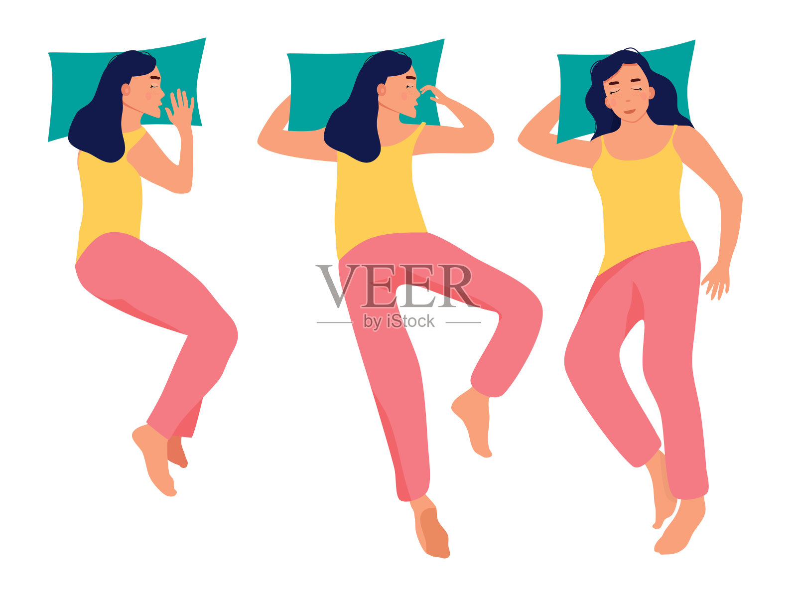 年轻女子正在床上睡觉,姿势不同。穿睡衣的女孩。医疗保健和褪黑素一组疲惫的女性角色在夜间睡眠时以各种姿势躺着。插画图片素材