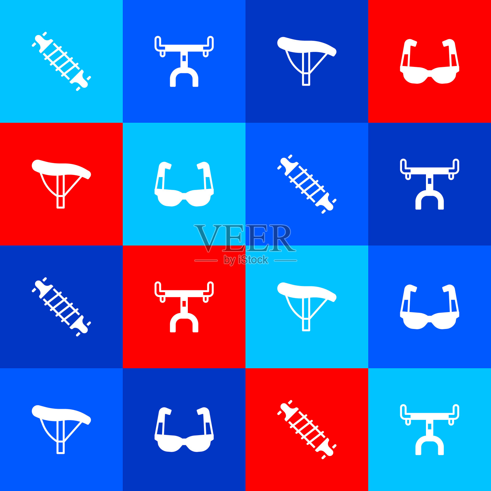 设置自行车悬挂,车把,座椅和运动自行车太阳镜图标。向量插画图片素材