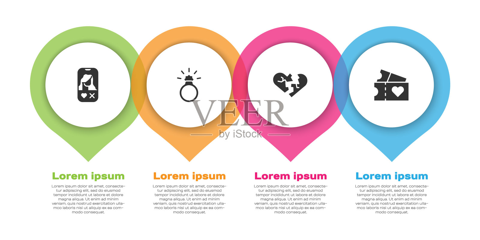 设置约会应用在线,钻石订婚戒指,破碎的心或离婚和爱情票。业务信息图模板。向量设计模板素材