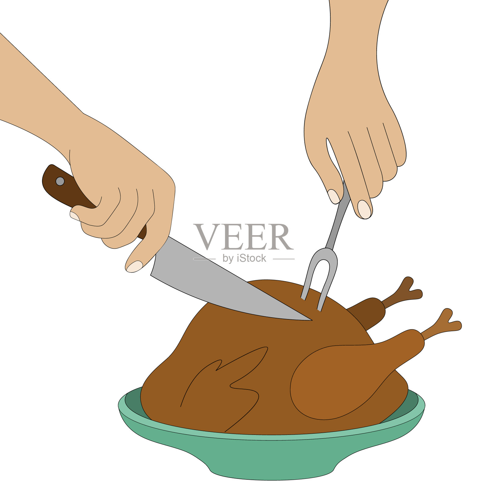 切节日火鸡的人。一手拿着菜刀,一手拿着刀叉。彩色矢量插图。孤立的白色背景。多汁的火鸡肉。香酥鸡感恩节的象征。卡通风格。插画图片素材