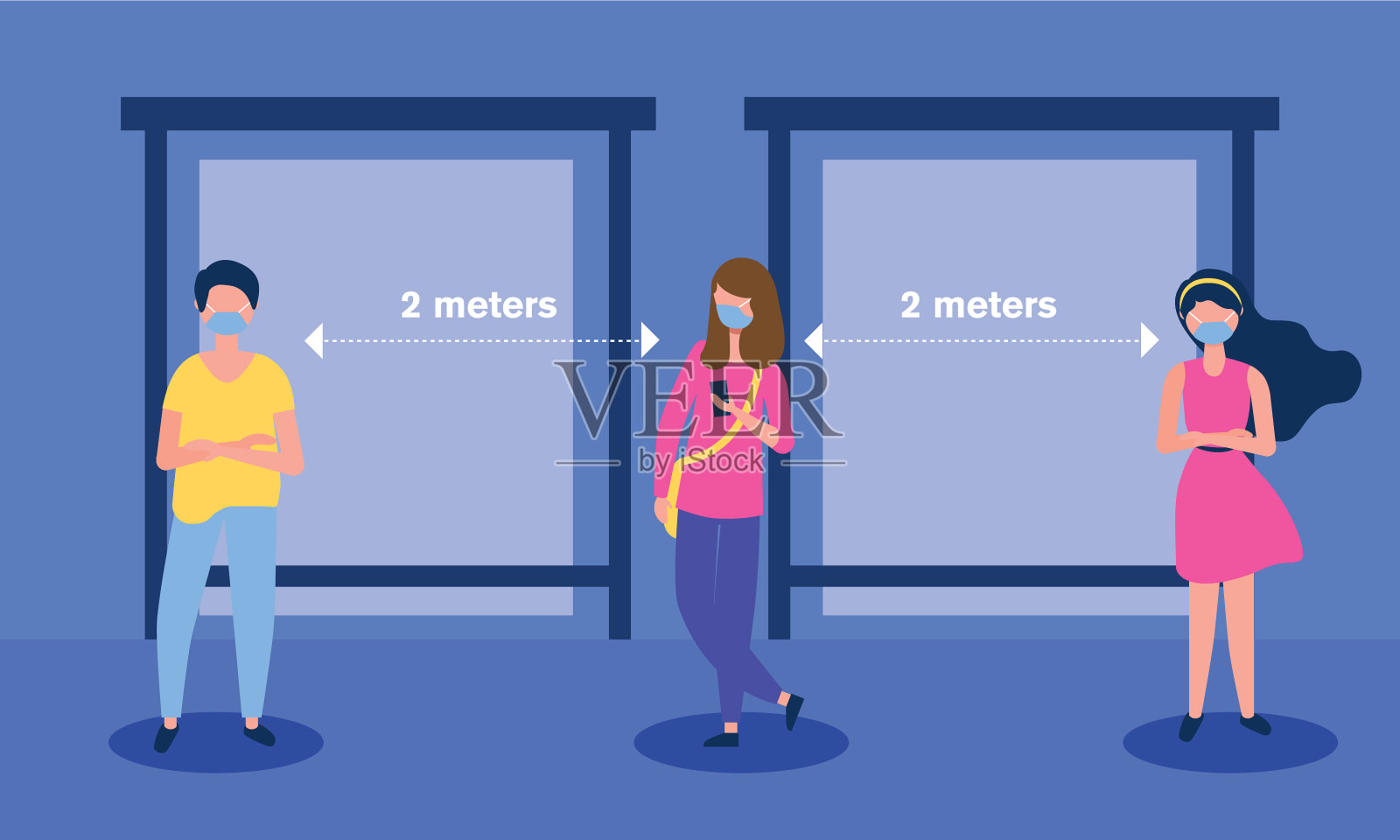 男孩和女孩戴着面具保持社交距离插画图片素材