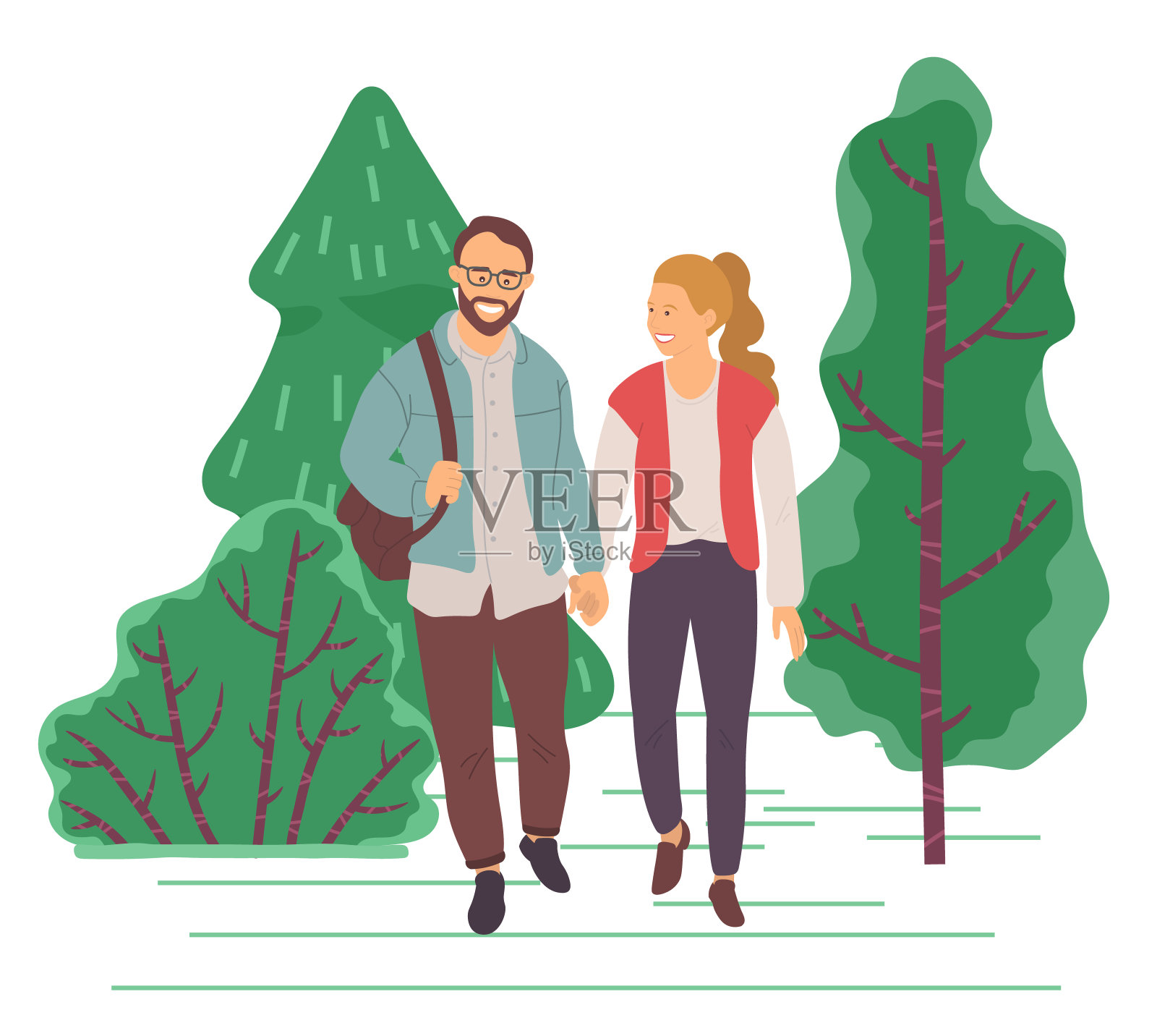 男人和女人在公园或森林里约会,散步插画图片素材