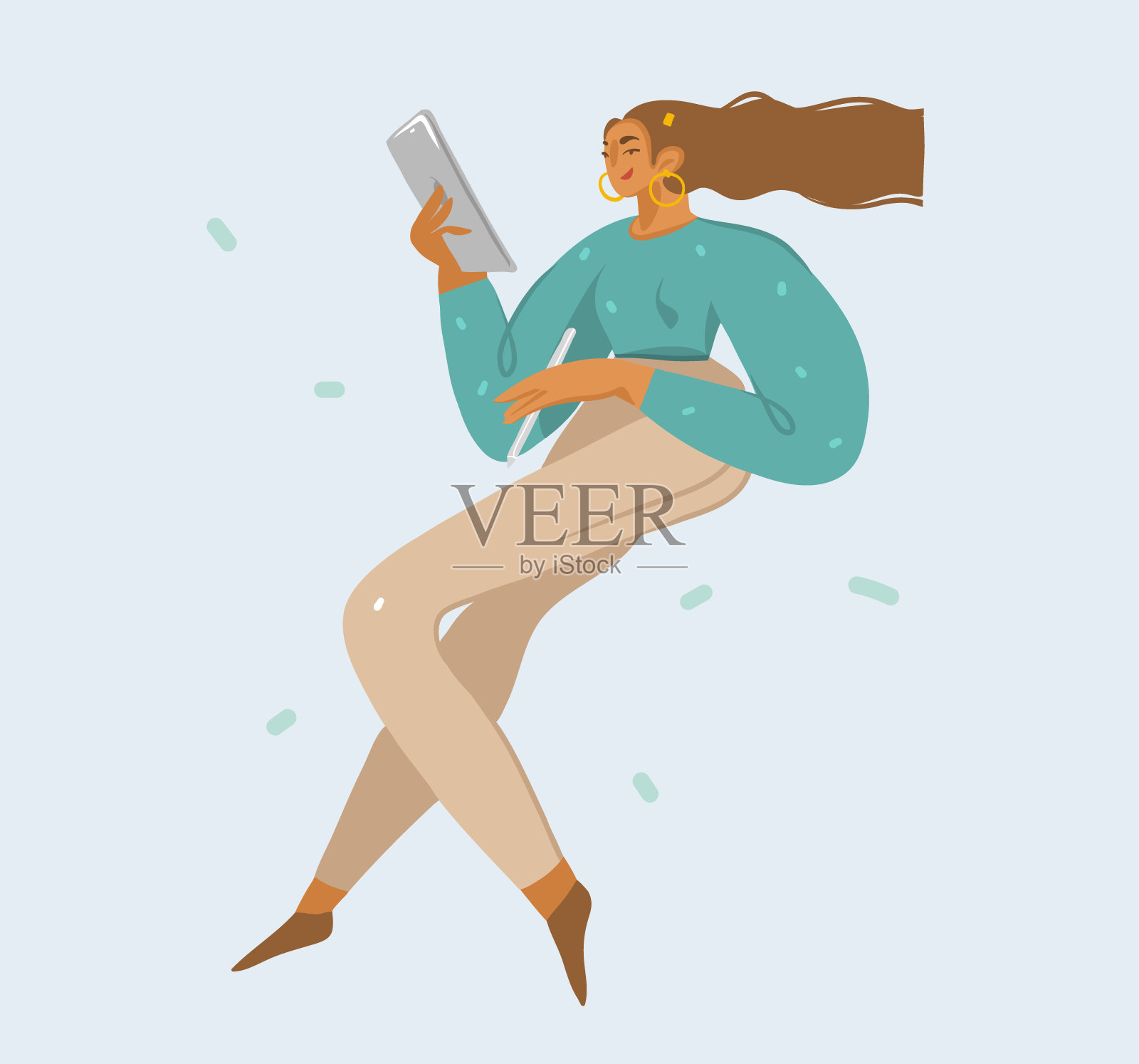 手绘矢量股票抽象图形插图t与年轻女孩使用平板电脑隔离在白色背景插画图片素材