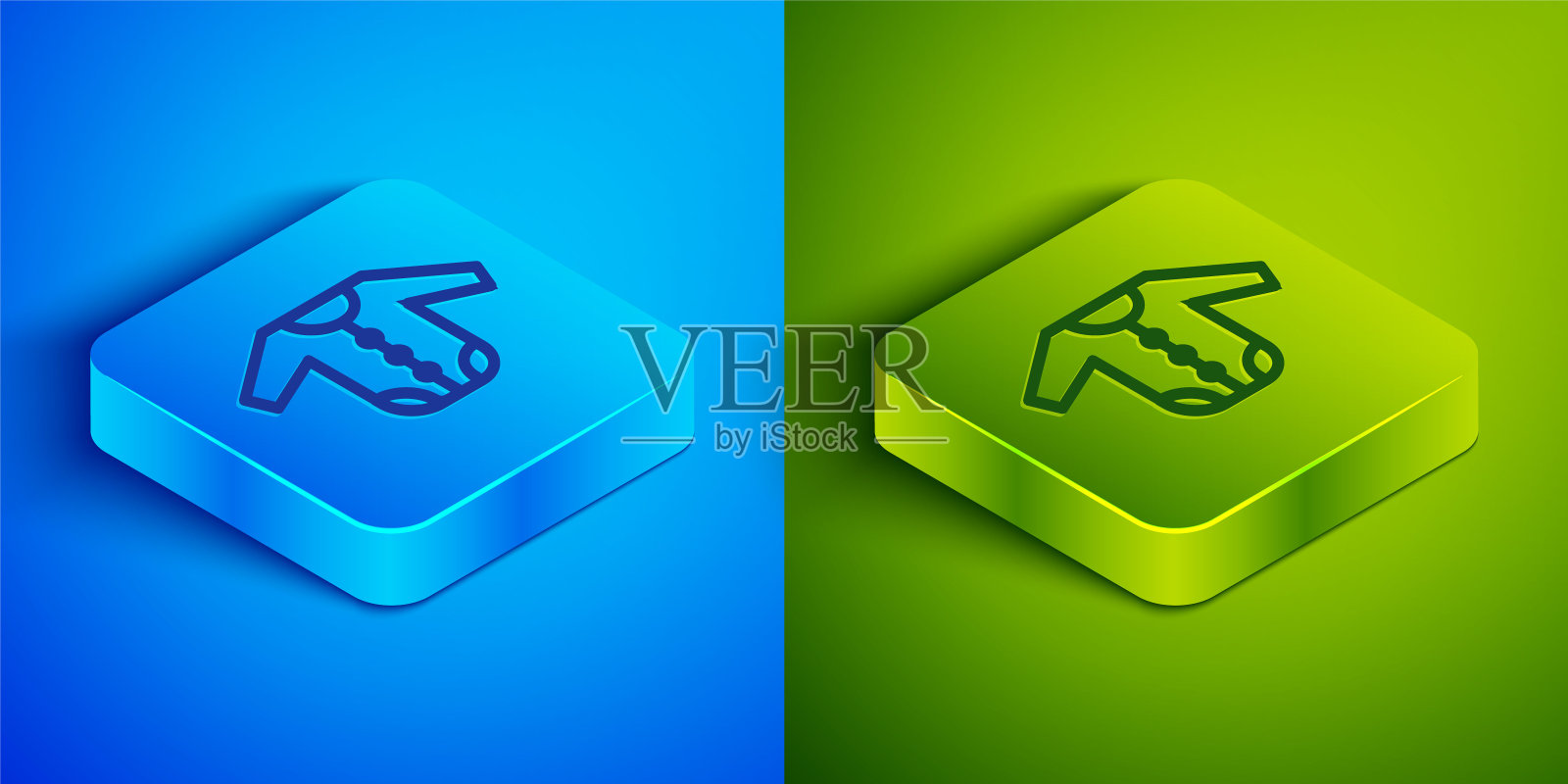 等距线婴儿服装图标孤立在蓝色和绿色背景。婴儿服装的女孩和男孩。婴儿紧身衣裤。方形按钮。向量图标素材