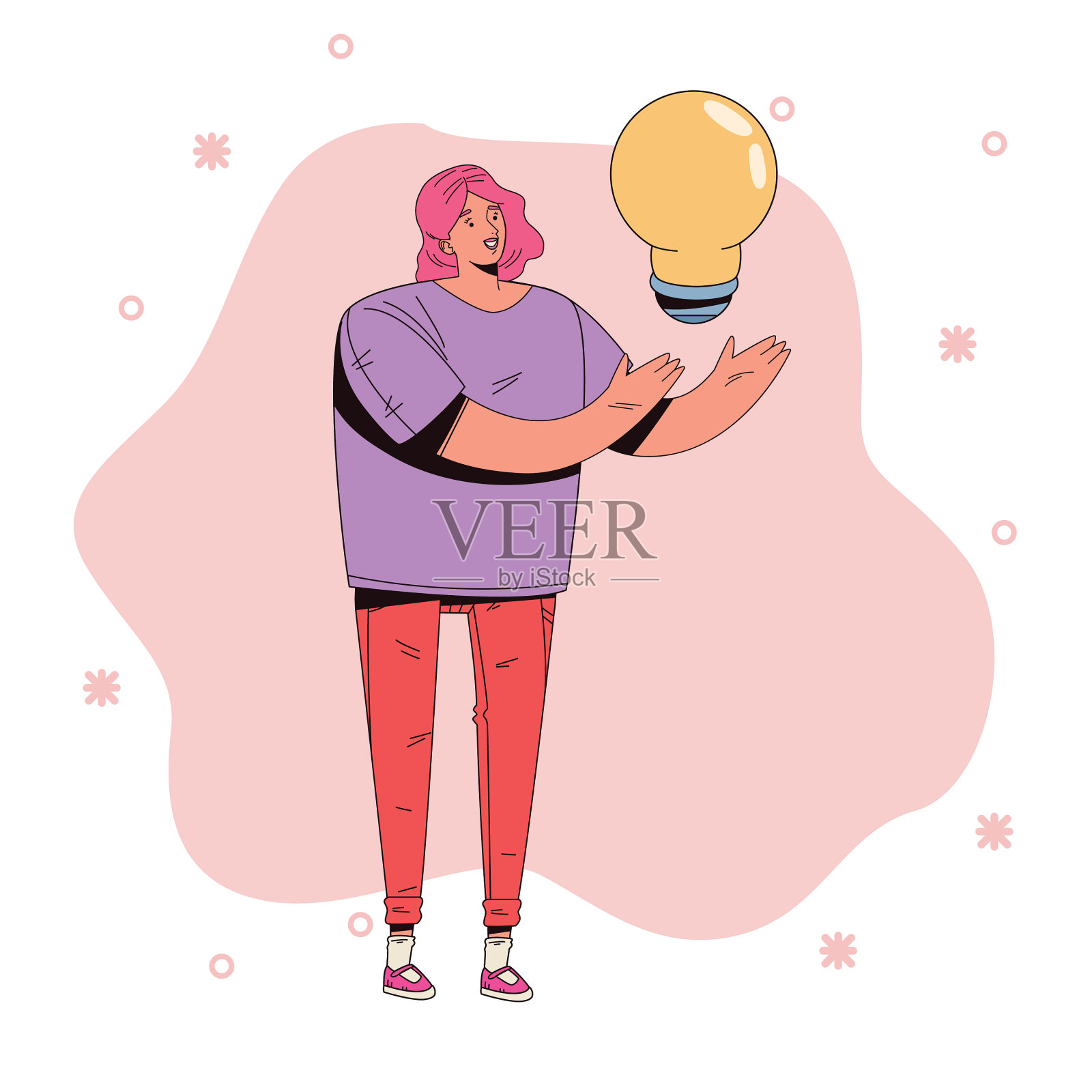 年轻女人的灯泡化身角色插画图片素材