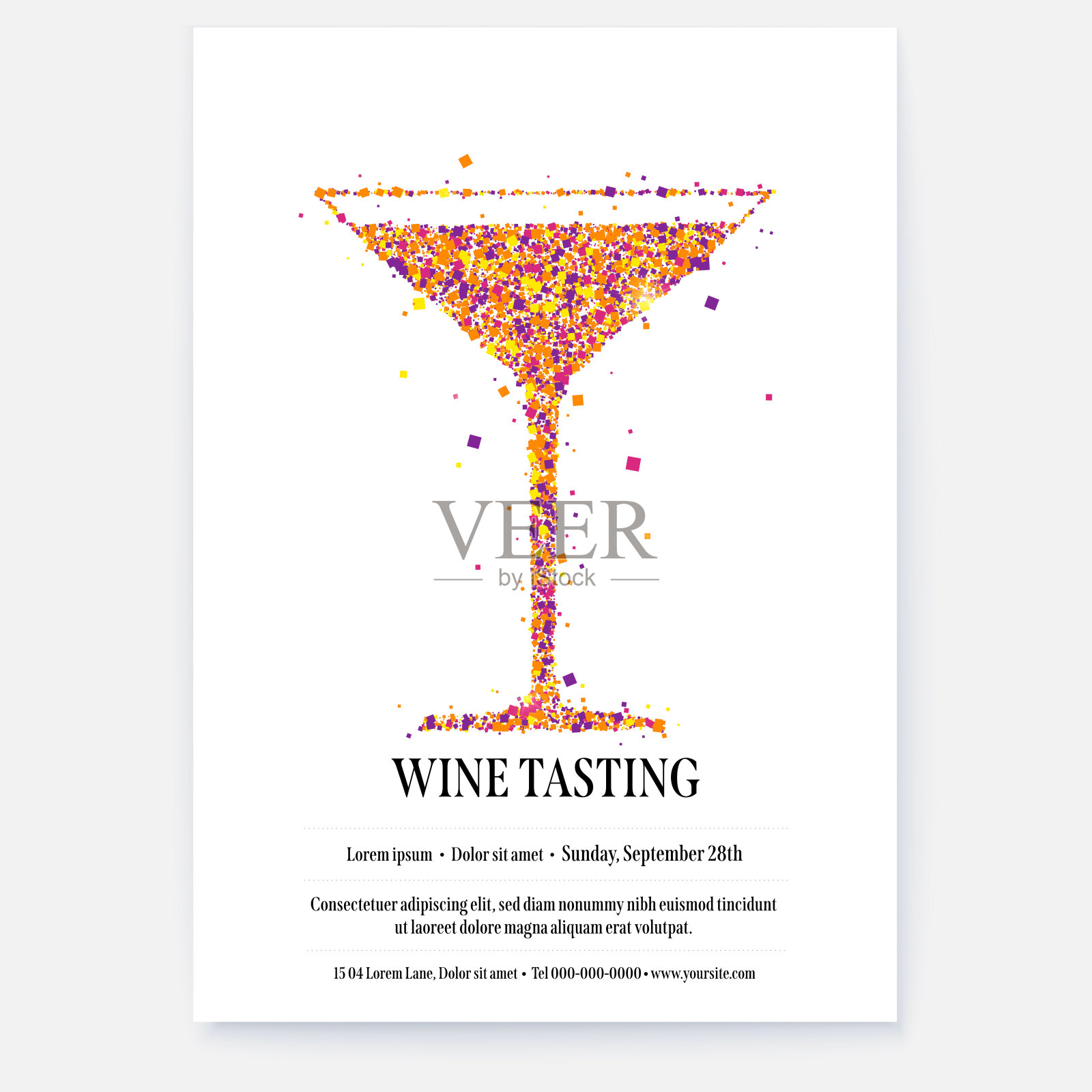 葡萄酒节的横幅。彩色闪光颗粒,呈玻璃状。图文设计的品酒活动海报。酒杯的剪影。向量模板。插画图片素材