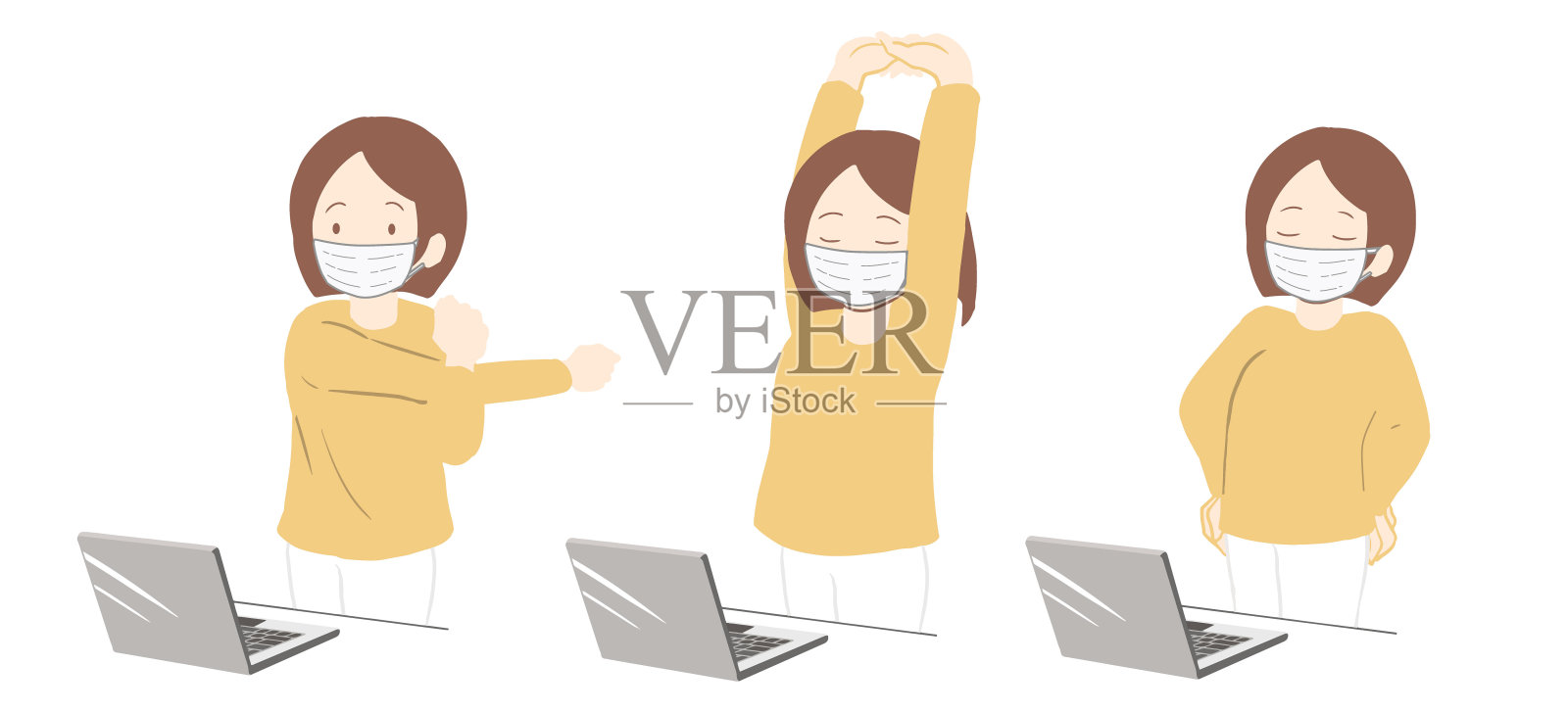 远程办公时间的女性面具(不排队)插画图片素材