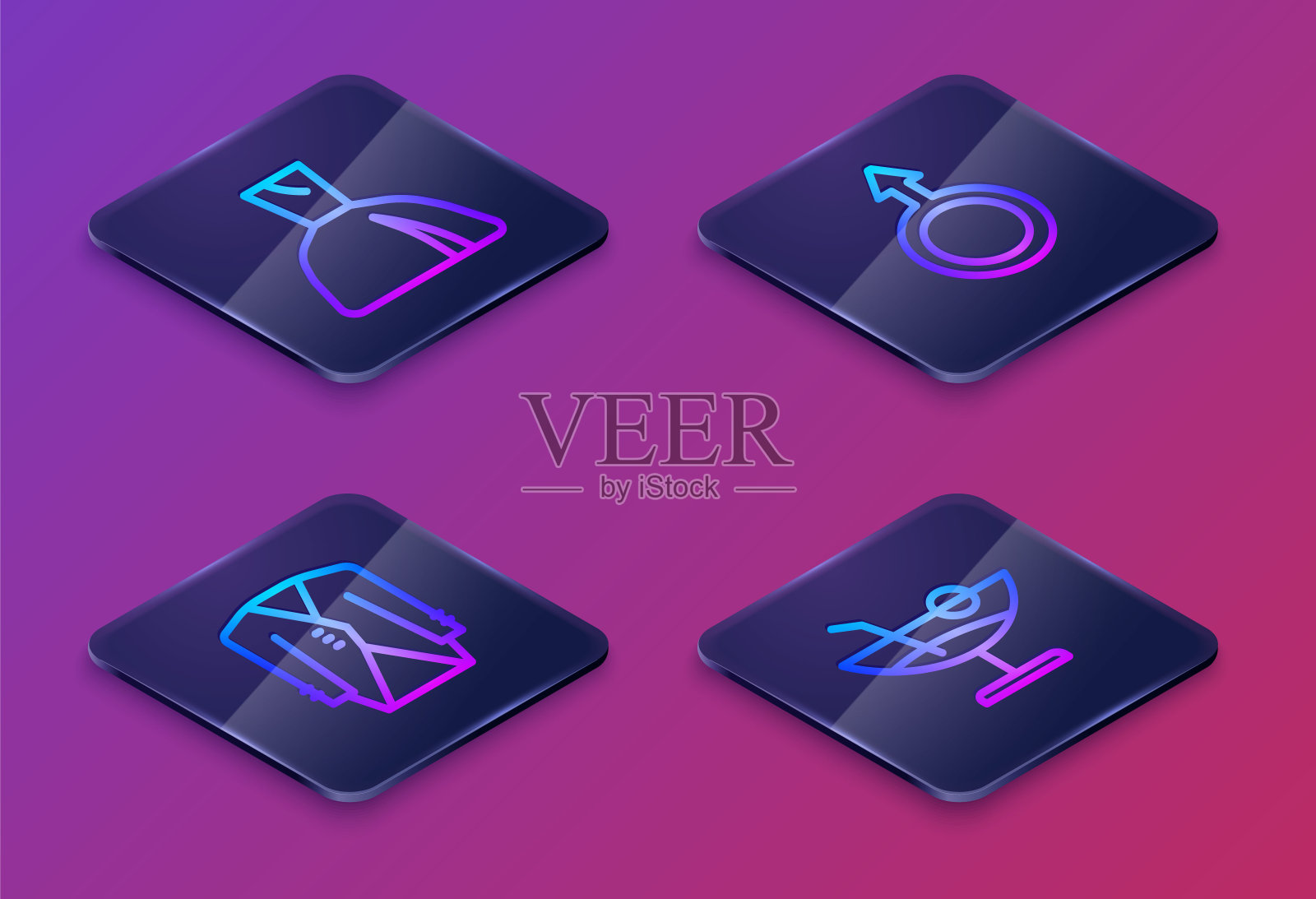 设置等距线女装,套装,男性性别象征和鸡尾酒。蓝色方块按钮。向量图标素材