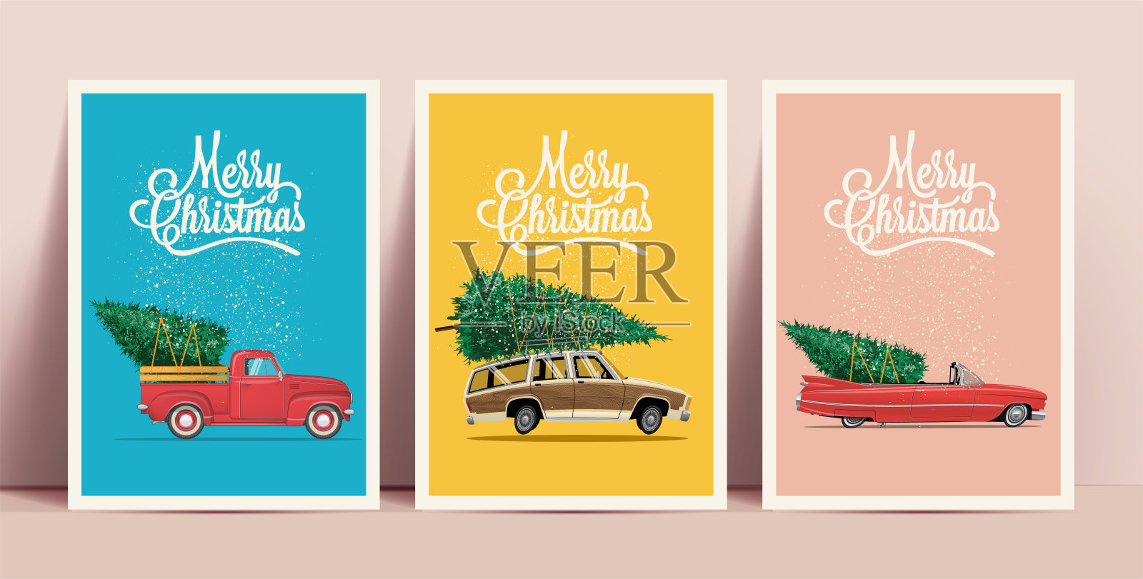 圣诞海报或卡片设置卡通复古汽车与圣诞树与快乐的圣诞字母在彩色背景。矢量图插画图片素材