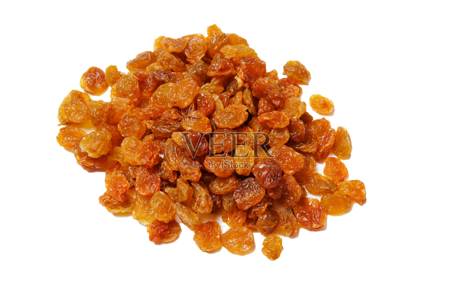 一堆健康的葡萄干,干燥的金色葡萄干葡萄孤立在白色的背景上。照片摄影图片