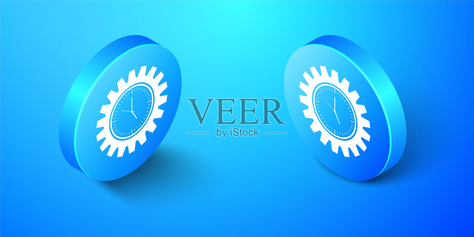 等距时间管理图标隔离在蓝色背景上。时钟和齿轮标志。生产力的象征。蓝色圆圈按钮。向量图标素材