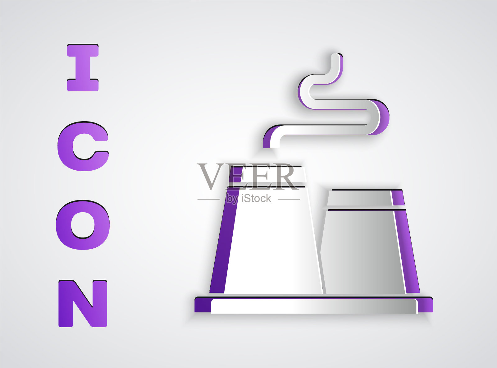 剪纸工厂图标孤立在灰色背景。工业建筑。纸艺术风格。向量图标素材