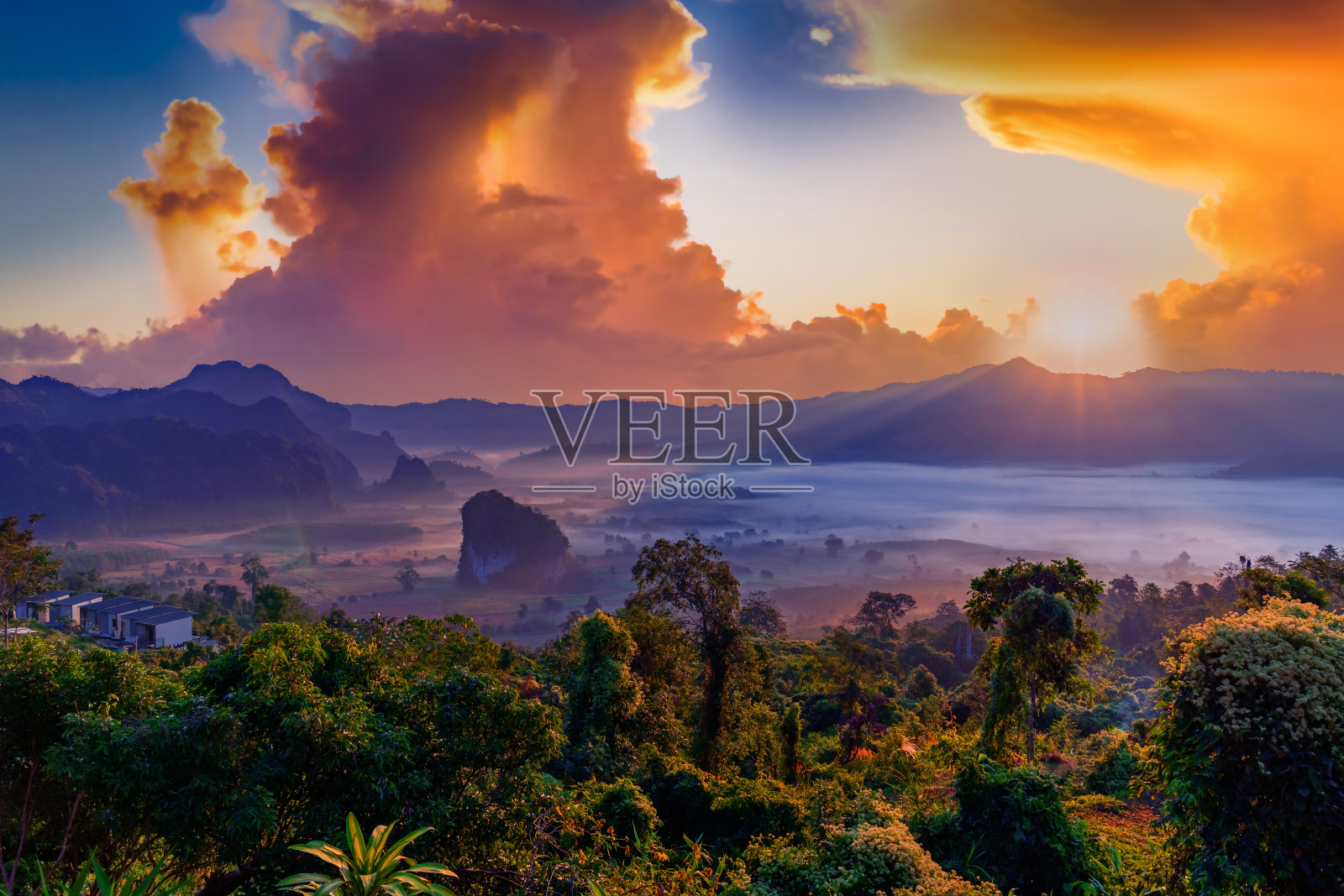 泰国法尧省福兰卡国家公园帕昌诺的日出和晨雾。照片摄影图片