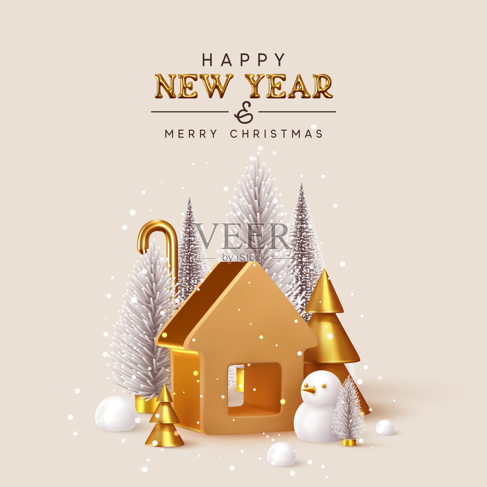 新年快乐!圣诞树郁郁葱葱和3d金色圆锥形冷杉,构成冬天的雪花。金房子。新年黄金金属卷标题文本。圣诞礼物卡。创意时尚的背景设计模板素材