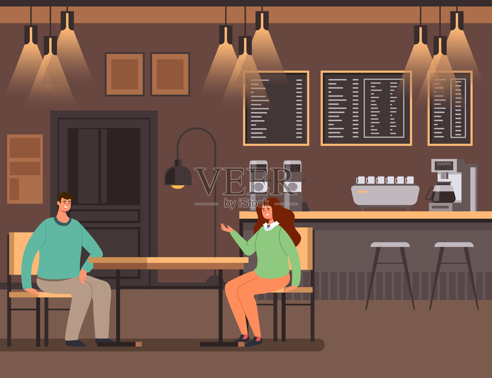 男男女女坐在酒吧里聊天。晚间约会概念矢量平面卡通平面设计插图插画图片素材