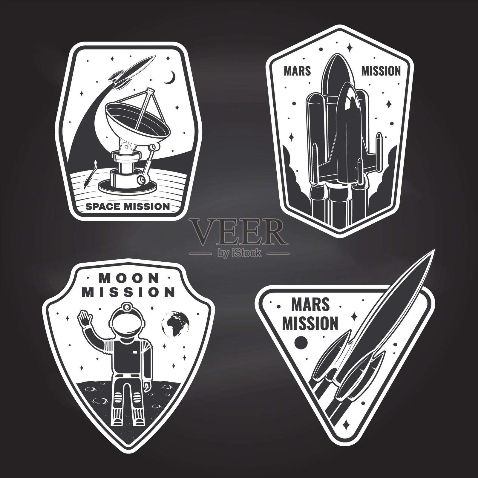 一套太空任务标志,徽章,补丁。向量。概念衬衫,印刷,邮票。复古的排版设计与太空火箭,外星人,火星城市,露营车在月球和地球轮廓插画图片素材