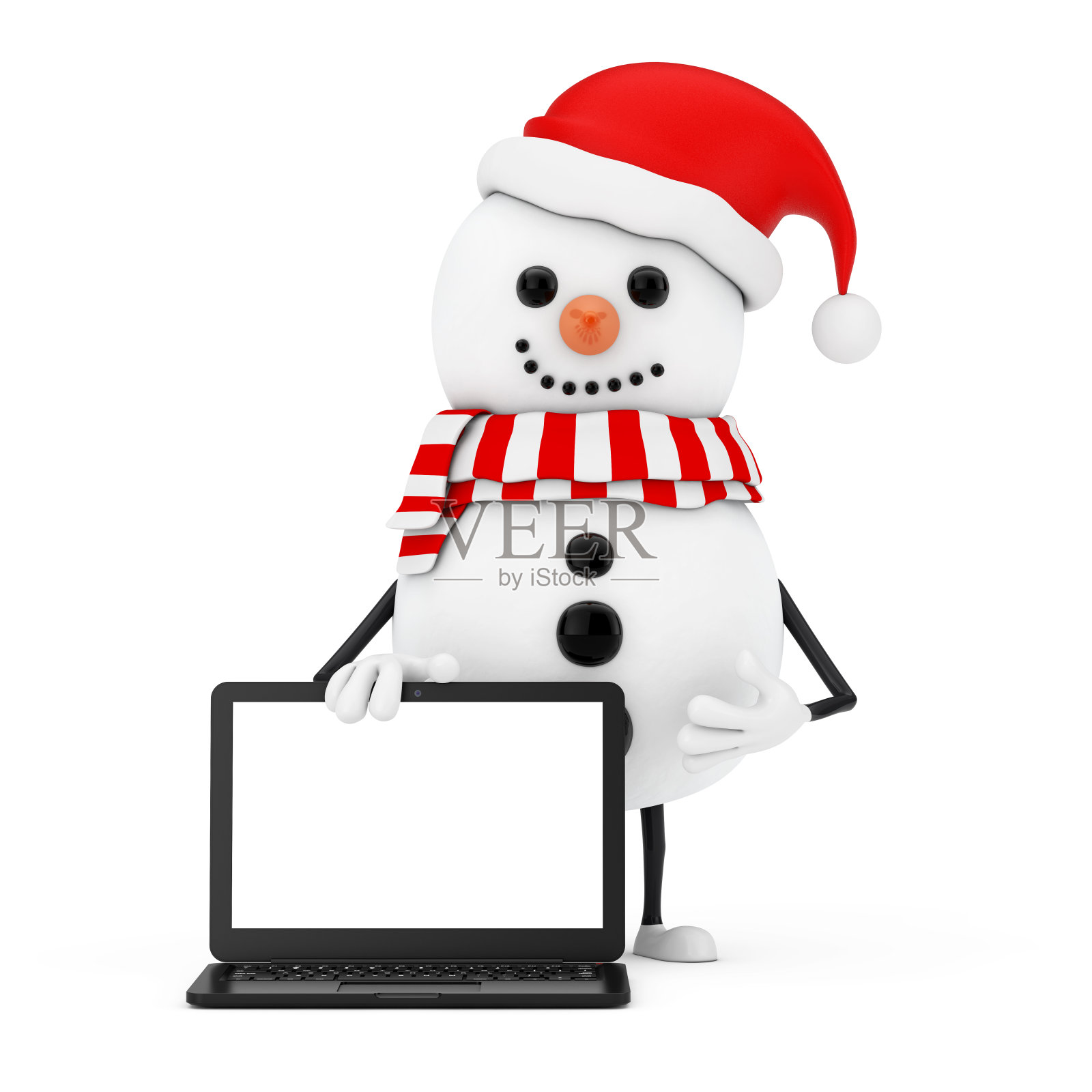 雪人在圣诞老人帽人物吉祥物和现代笔记本笔记本电脑与空白屏幕为您设计。3d渲染照片摄影图片