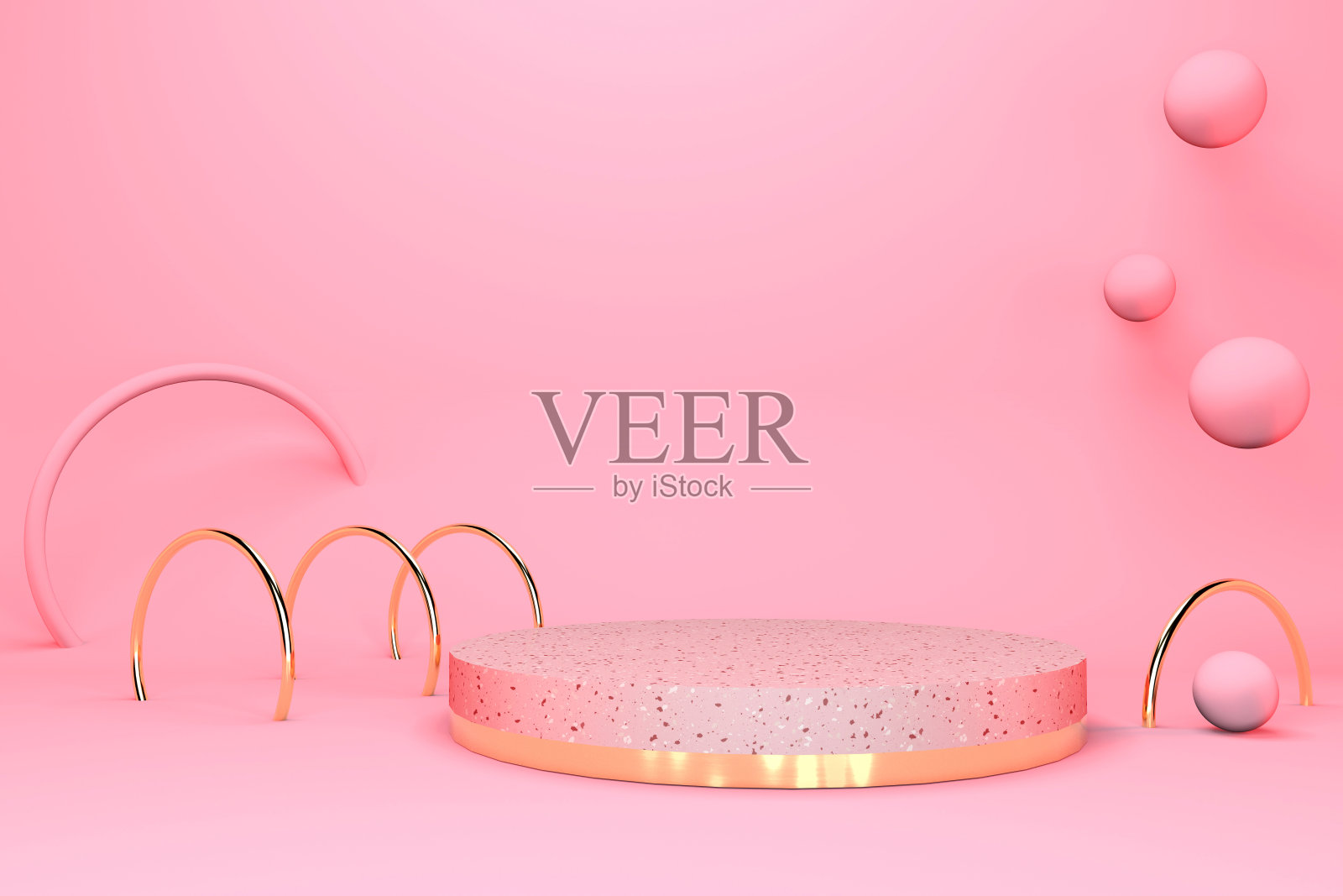 3d渲染的粉色基座,球闪闪发光和拱门。奢侈品极简模型的产品。水磨石纹理。照片摄影图片