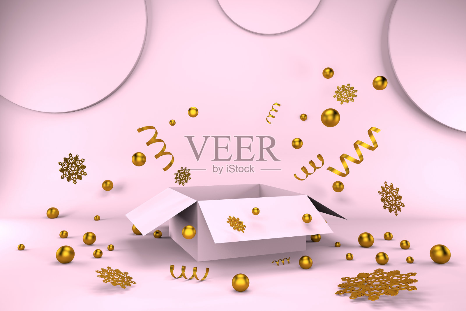 3D渲染的一个粉红色的盒子与圣诞金丝。爆炸的五彩纸屑。为你的产品腾出空间。产品在开箱后就崩溃了。照片摄影图片