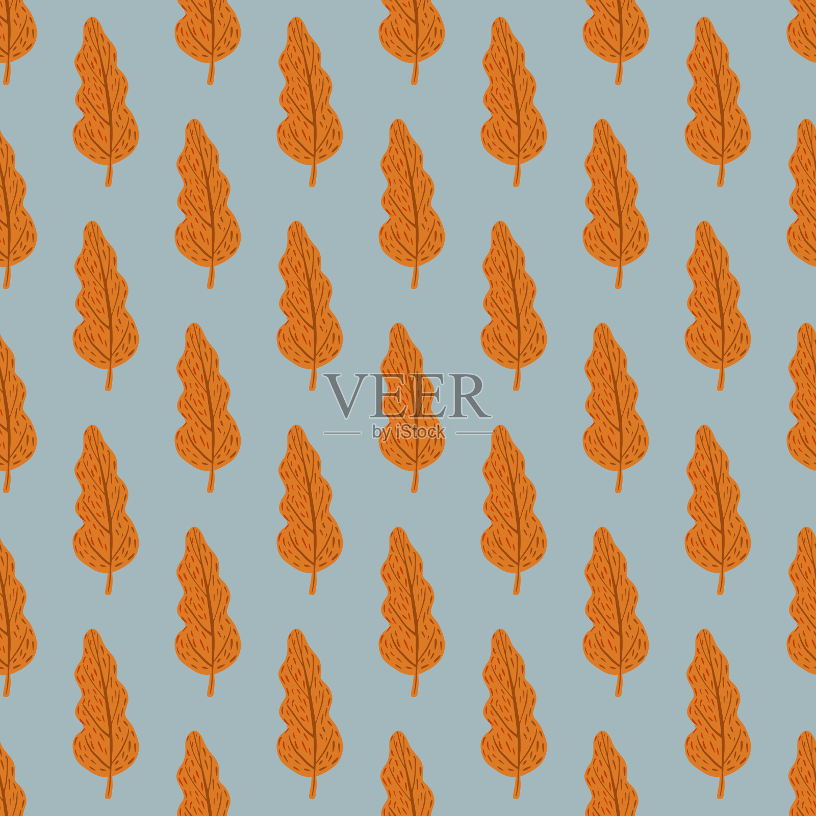 秋天无缝树叶图案与橙色秋天剪影。蓝色柔和的背景。插画图片素材