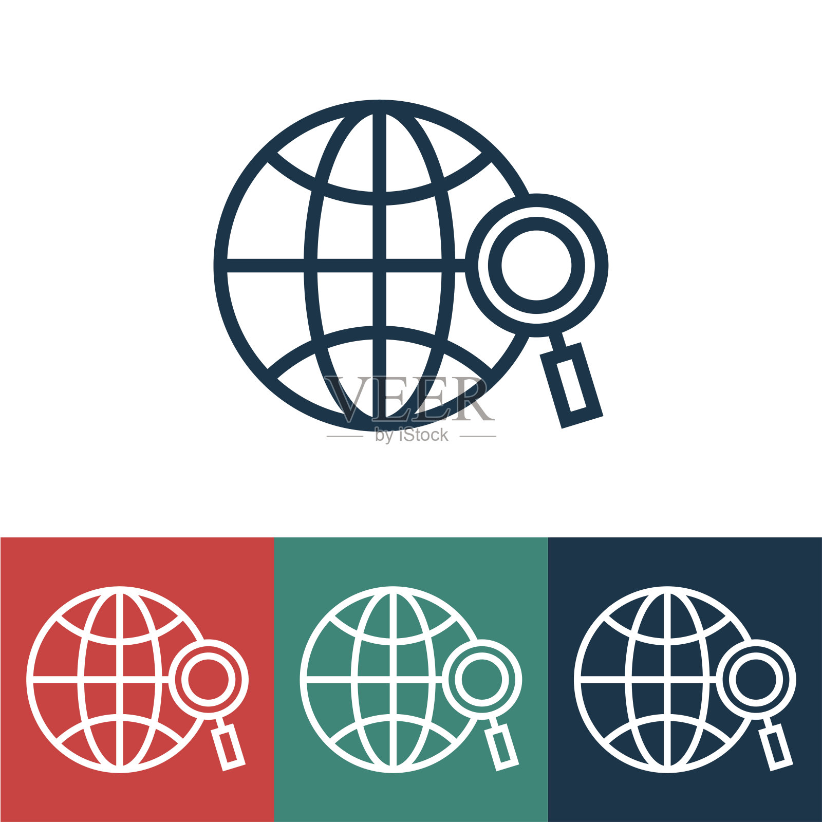 线性矢量图标与搜索在世界图标素材