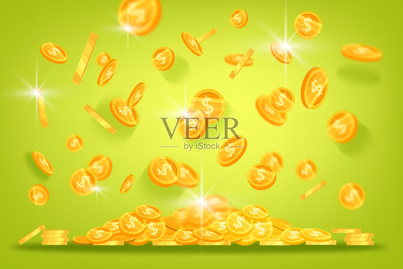 金元硬币矢量金融背景与飘浮发光的钱绿色。插画图片素材