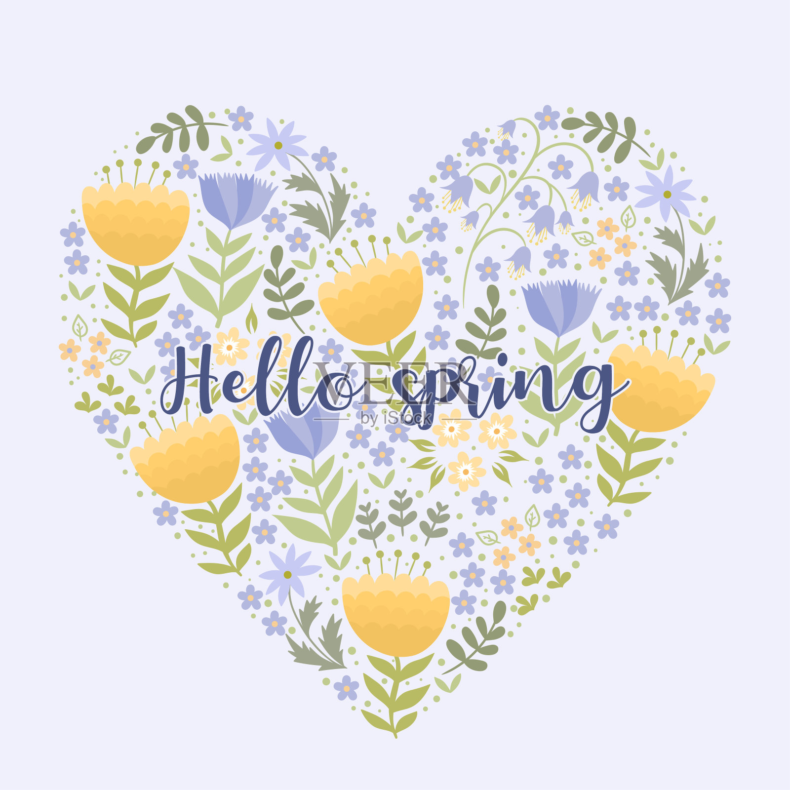 用鲜花制成的心,上面刻着“你好春天”。矢量图形。插画图片素材