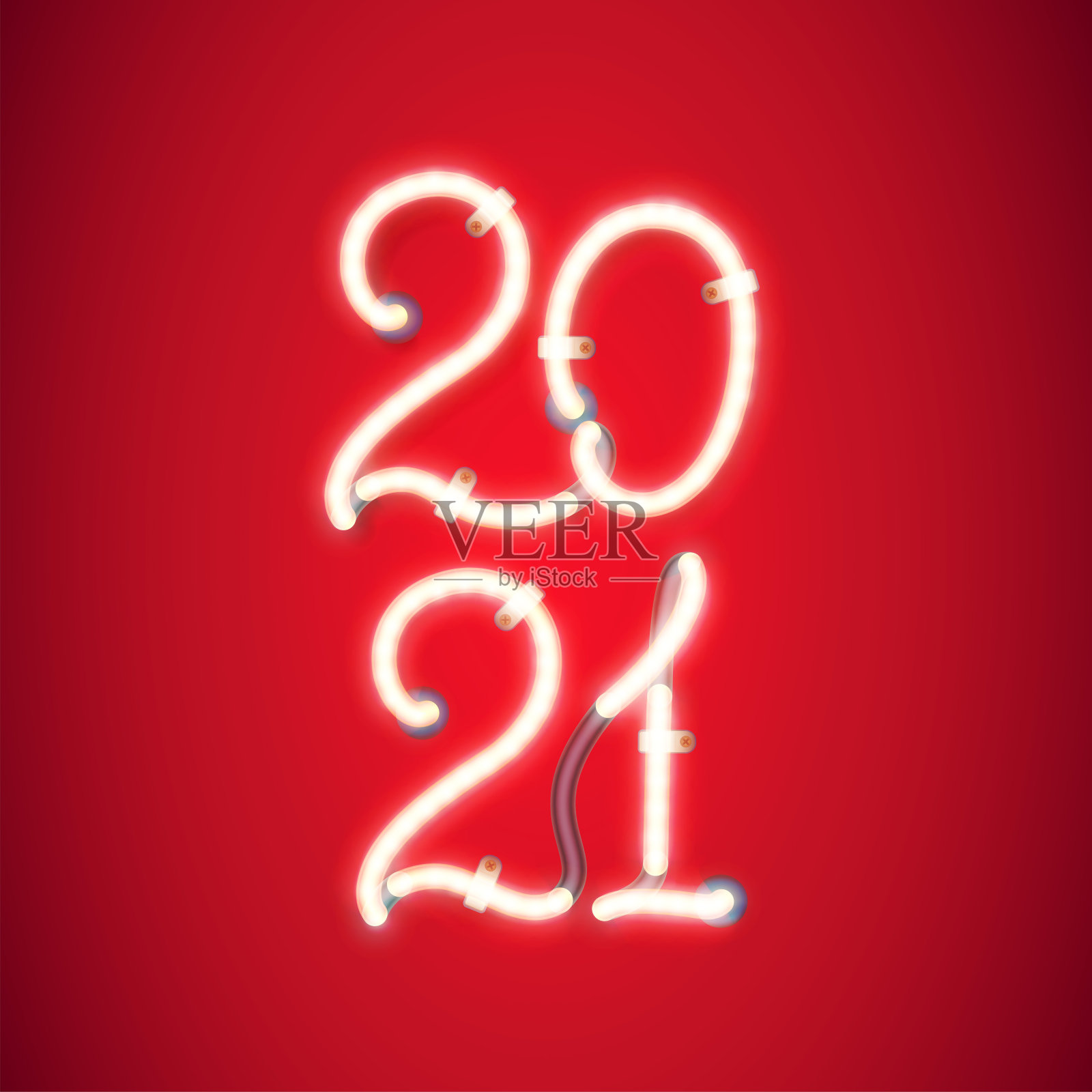 发光的霓虹灯2021与电线,管和支架。矢量元素为贺年卡,标志,日历或其他设计插画图片素材