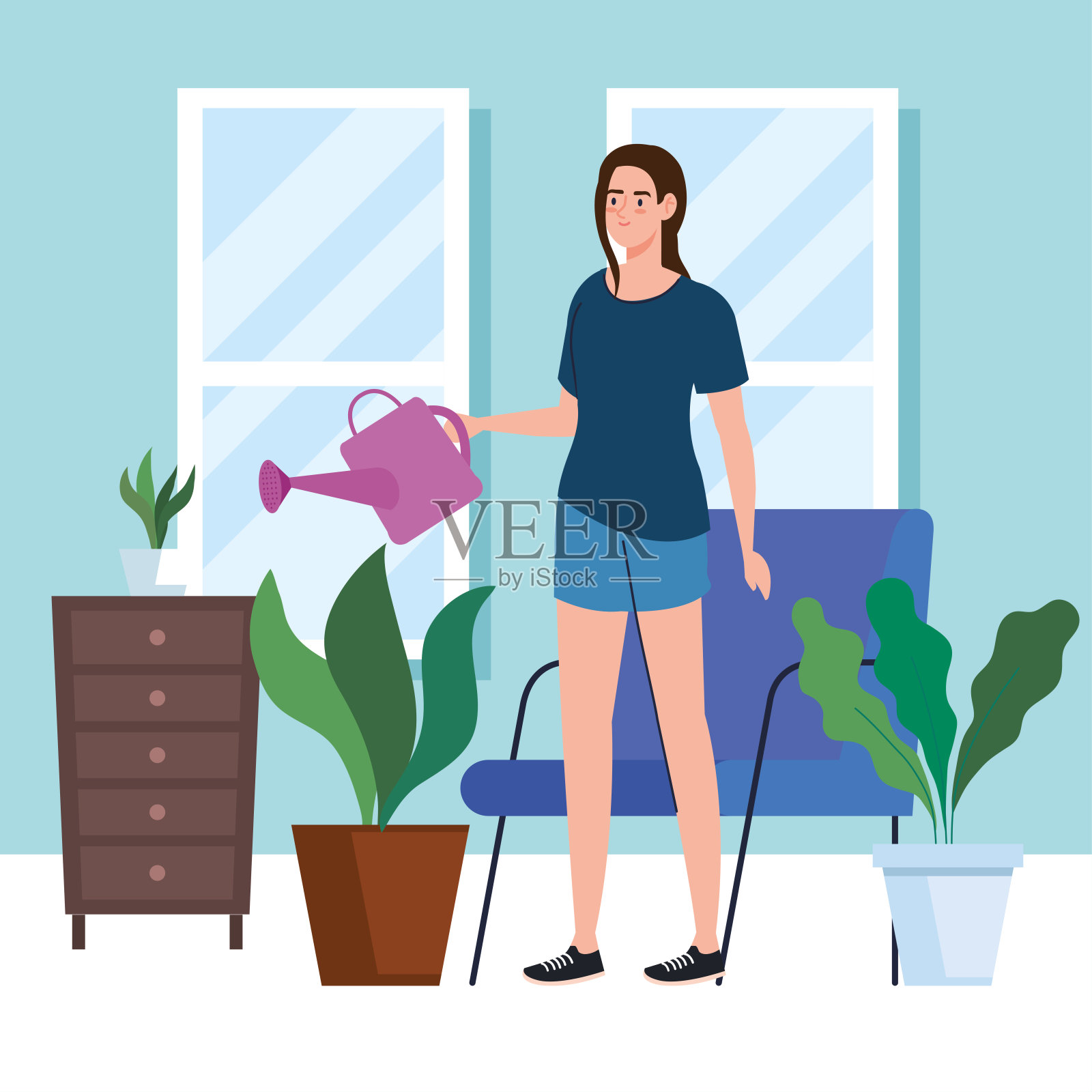 女人在家浇水植物矢量设计插画图片素材