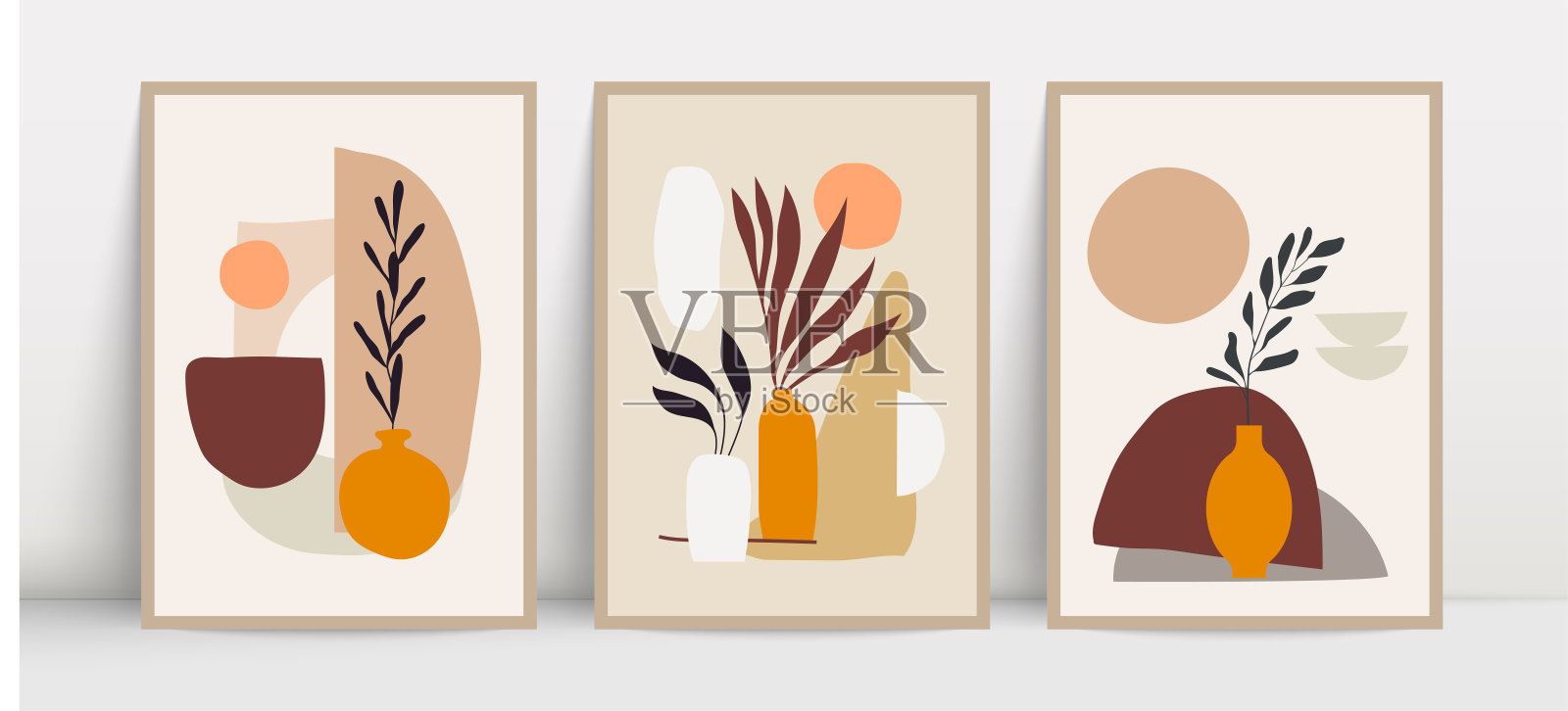 植物墙艺术向量集。用抽象形状绘制树叶。抽象植物艺术设计版画,封面,墙纸,墙壁艺术。矢量插图。插画图片素材