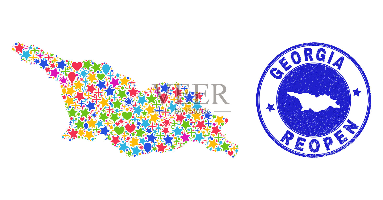 重新开放乔治亚地图拼贴和垃圾邮票插画图片素材