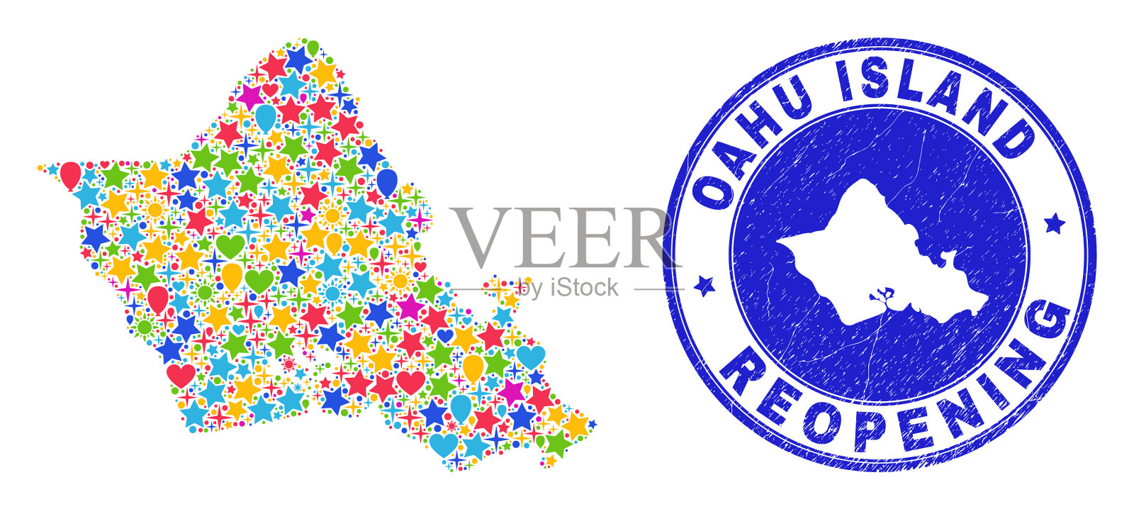 重新开放瓦胡岛地图马赛克和垃圾邮票插画图片素材