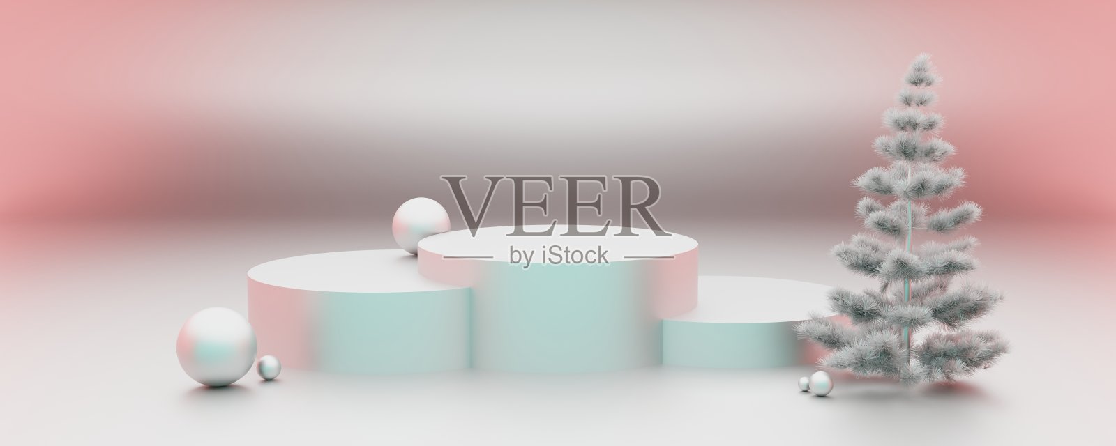 极简的粉彩银色背景粉色调全景与礼物,复制空间,礼物放置在圆柱形基座的框架中心,圣诞礼物卡照片摄影图片