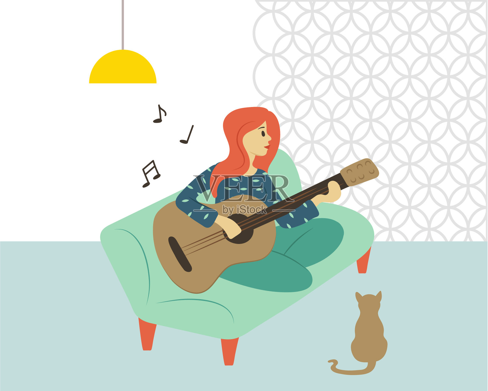 吉他演奏者女人在家里弹吉他的爱好插画图片素材