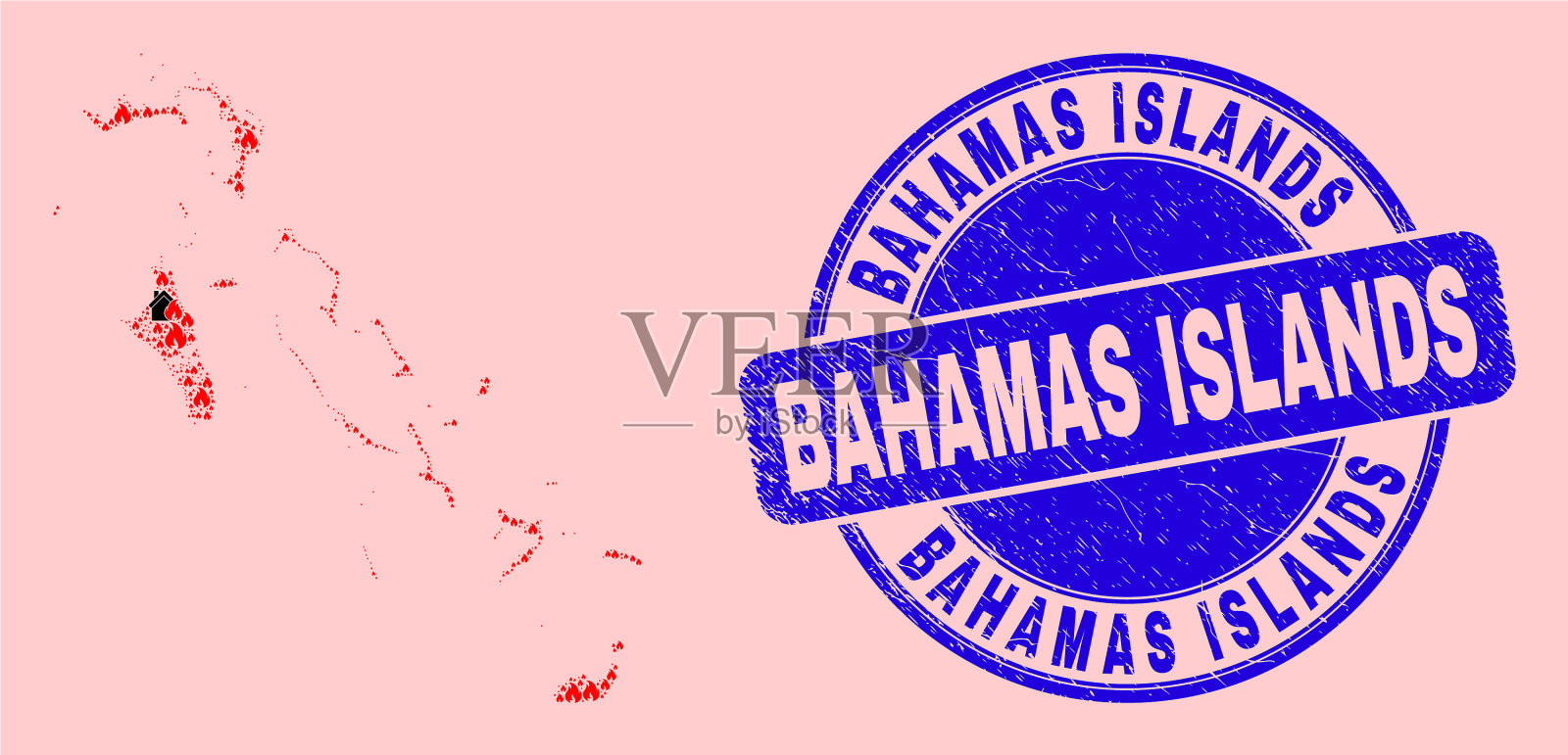 巴哈马群岛地图拼贴火焰和建筑物插画图片素材