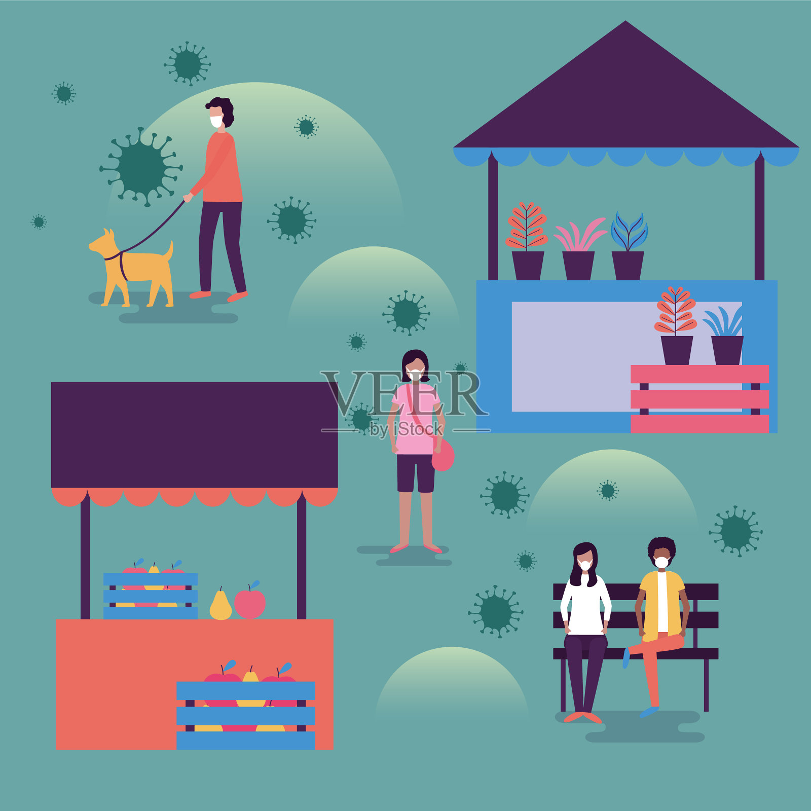 女人和男人戴着面具和商店设计插画图片素材