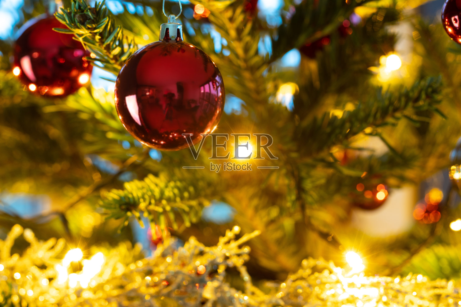 一棵真正的松树圣诞树彩灯和装饰品照片摄影图片